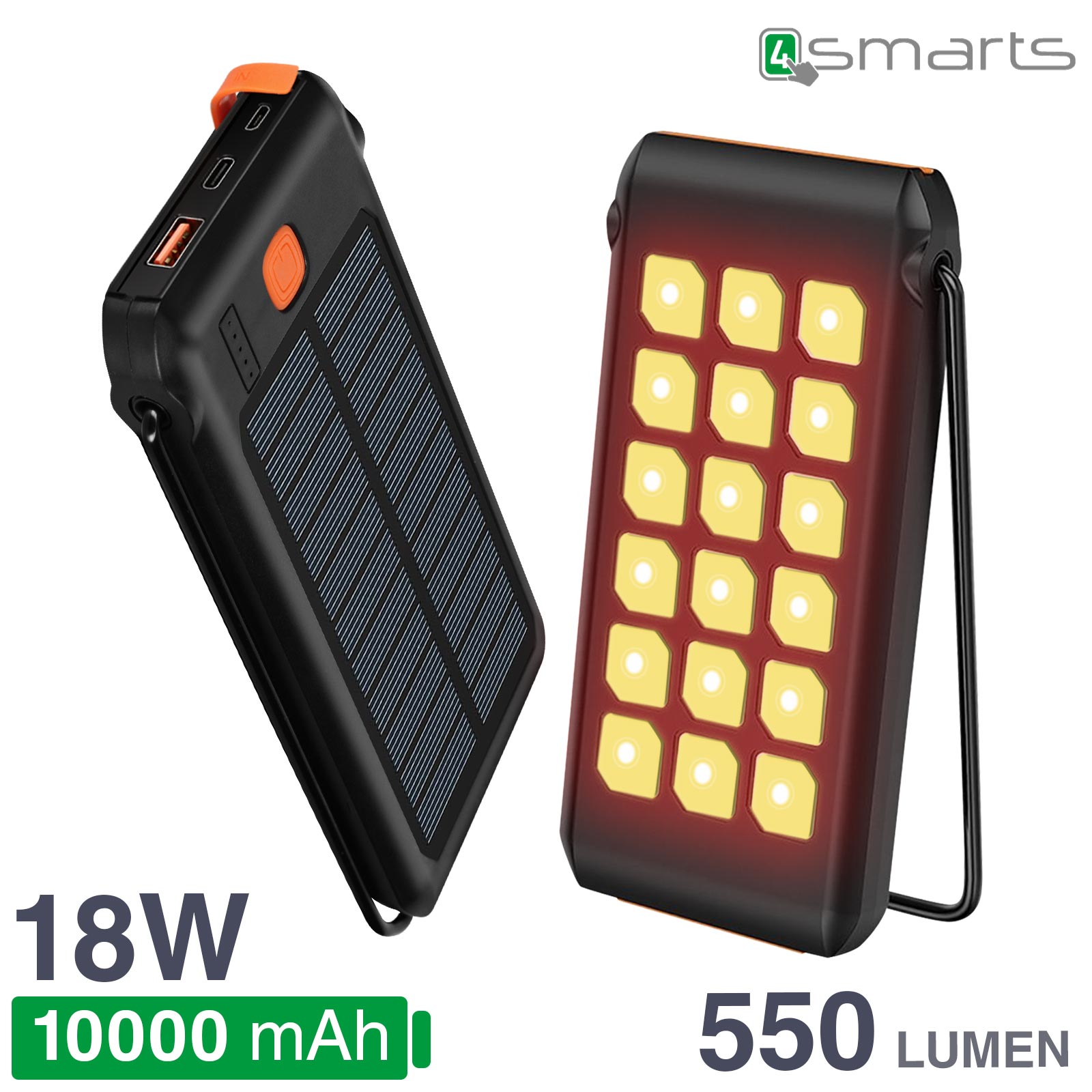 Powerbank Solare 10000 mAh, Fast Charge 3.0 18W, Doppia Uscita USB / USB-C  - 4smarts TitanPack Flex - Italiano