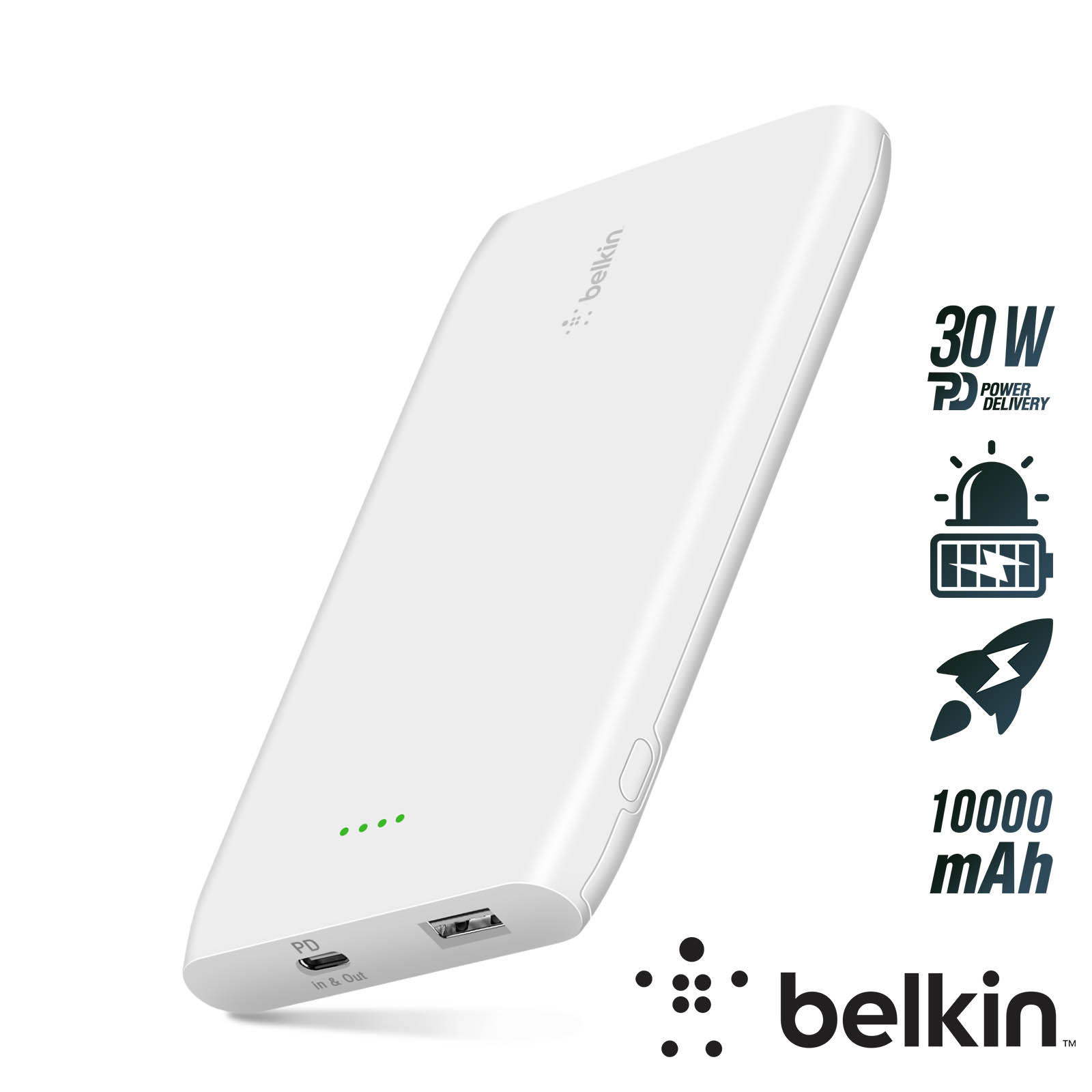 Batterie externe Smartphone et Tablette Belkin 10 000mAh, Usb et Usb-c  Power Delivery 30W, Collection BOOST↑CHARGE - Blanc - Français