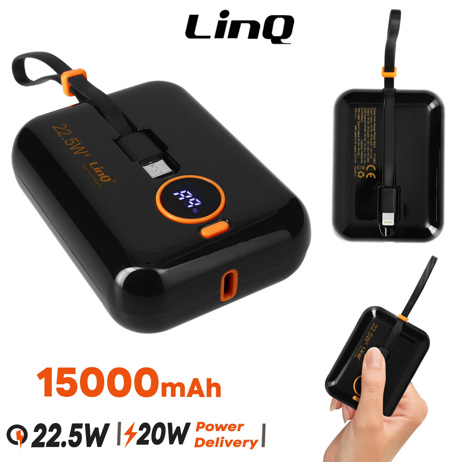 Powerbank 15000 mAh, carica rapida USB 22,5W con cavi integrati USB-C 20W e  Lightning, display LED, LinQ - nero - Italiano