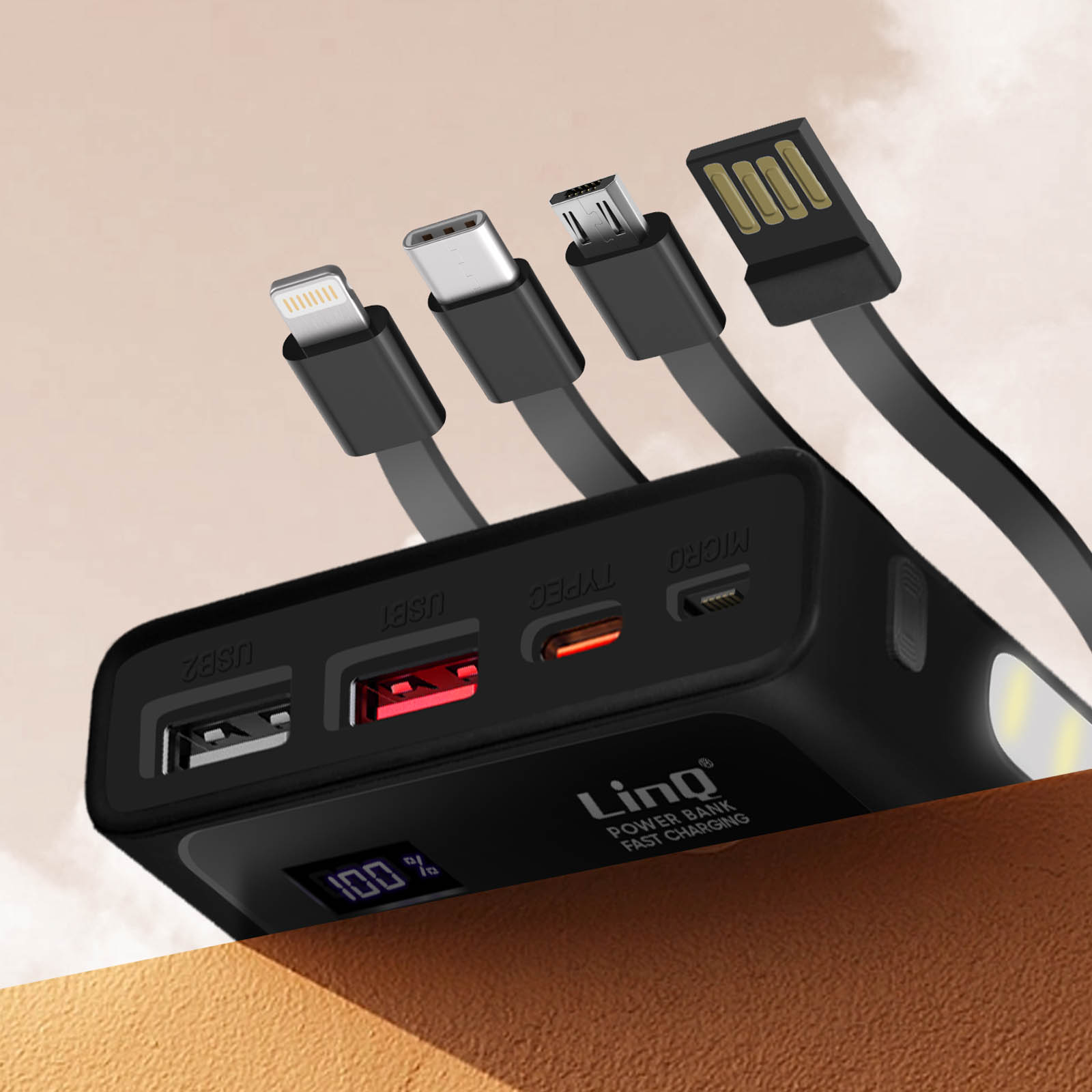 Batteria esterna 15000mAh, USB-C + USB 3.0, cavi integrati, LinQ - nero -  Italiano