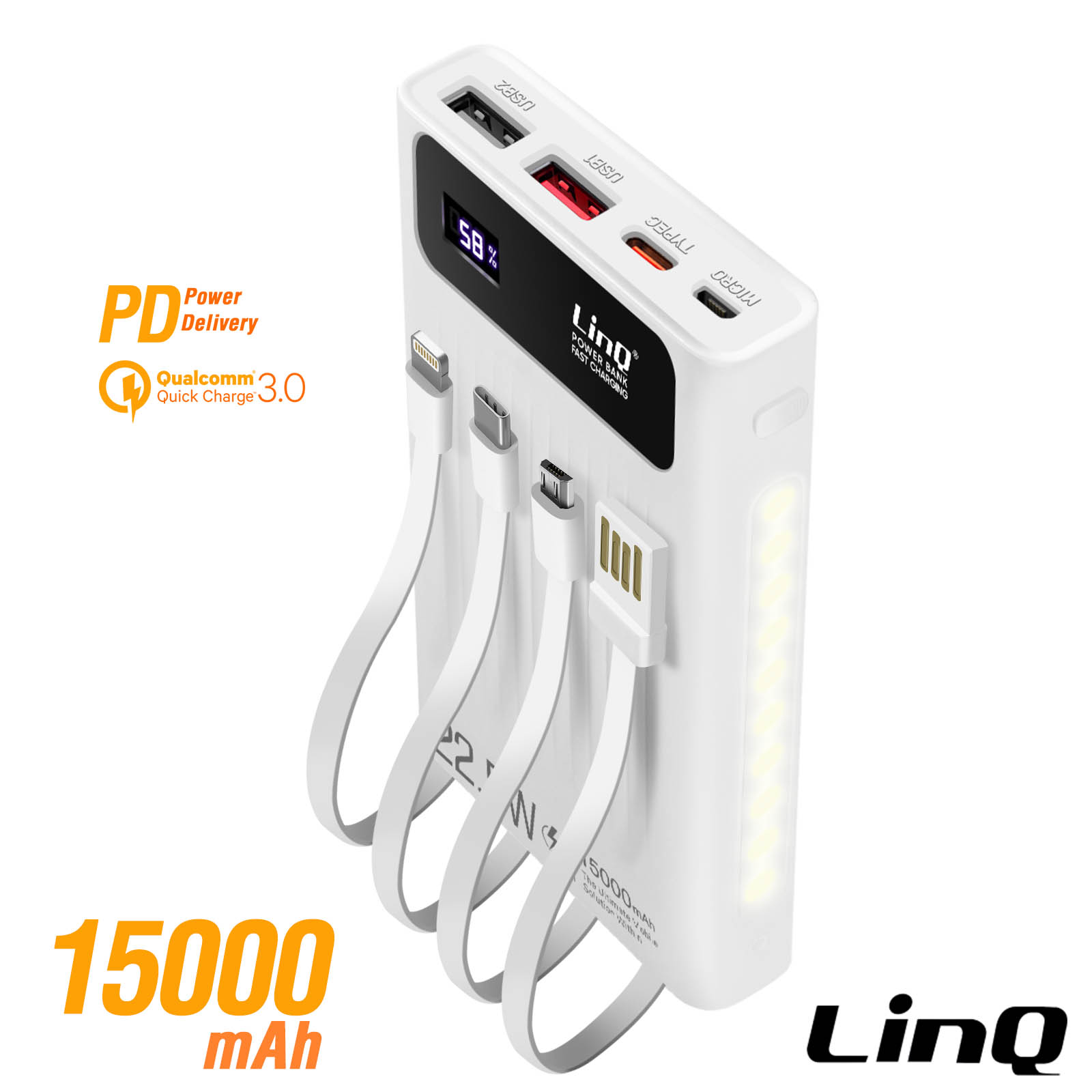 Batterie Externe 15000mAh, USB C + USB 3,0, Câbles intégrés, LinQ - Blanc -  Français