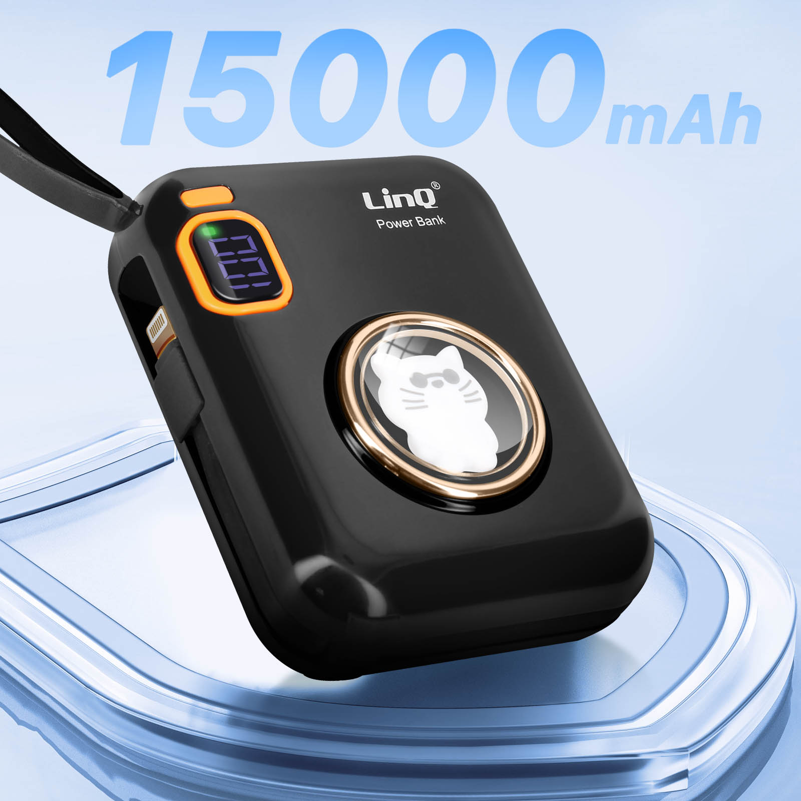 Batteria esterna 15000mAh design gatto, cavi USB-C + Lightning LinQ - nero  - Italiano