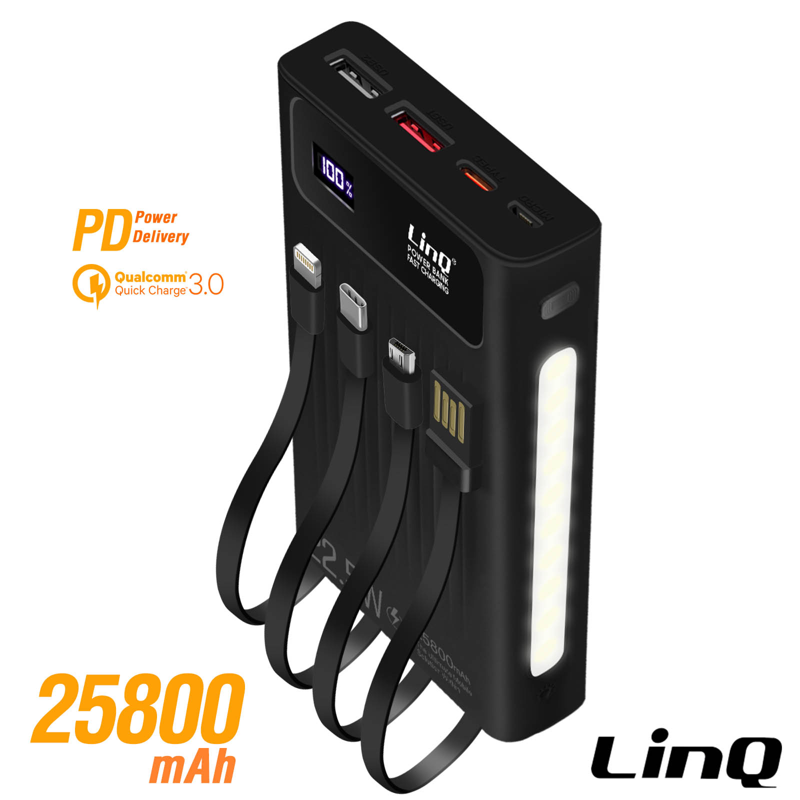 Batteria esterna 25800mAh, USB-C + USB 3.0, cavi integrati, LinQ - nero -  Italiano