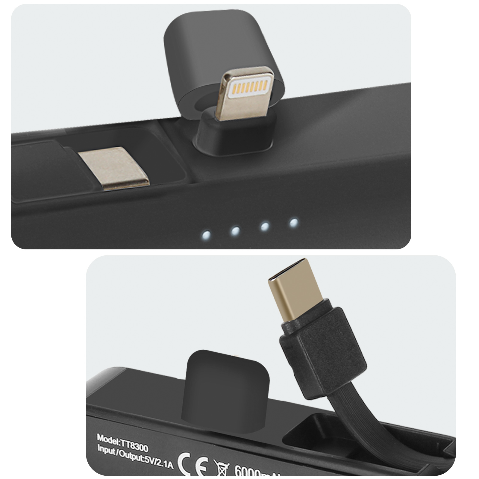 Caricatore di emergenza 6000mAh, cavo USB-C + connettore Lightning - nero -  Italiano