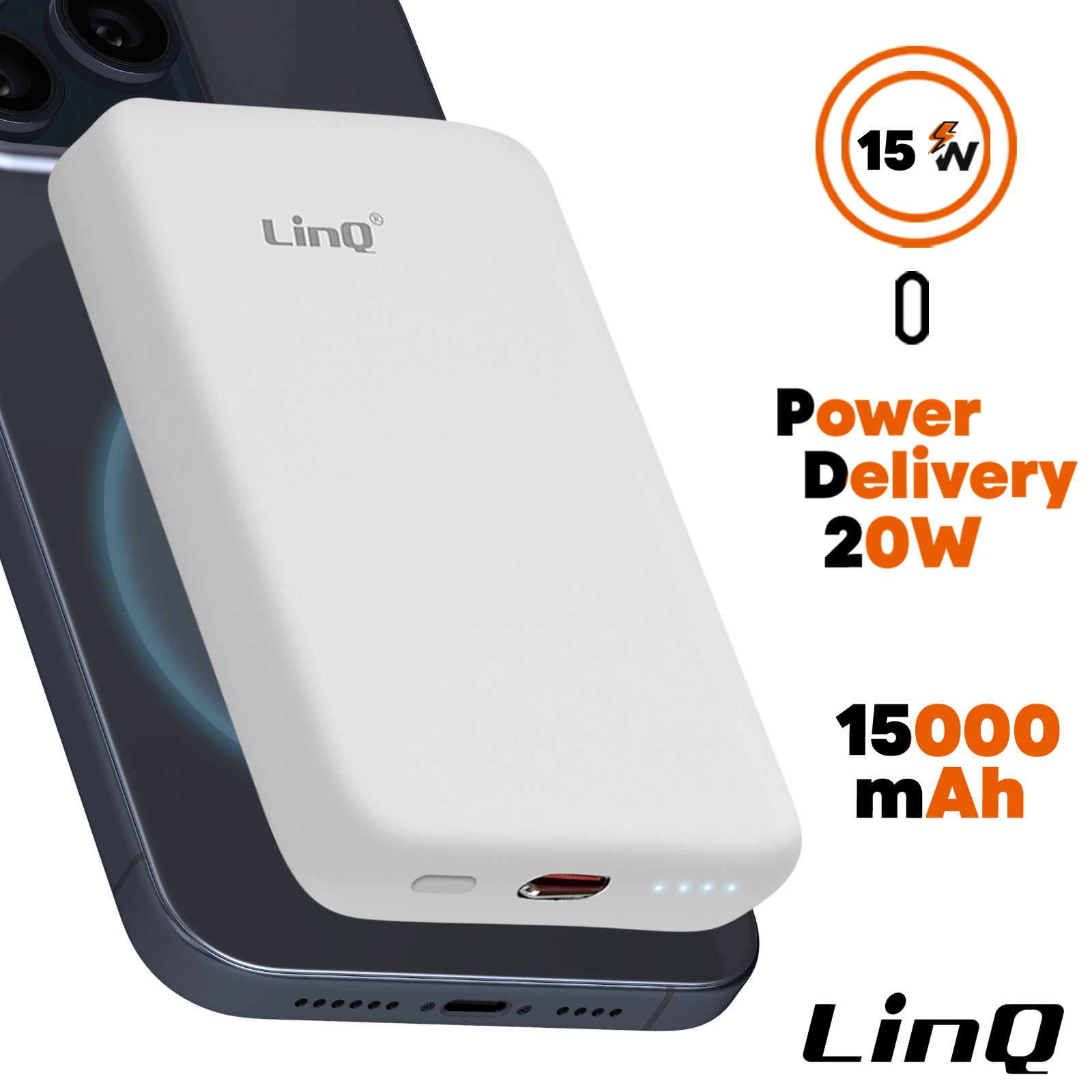 MagSafe Powerbank 15.000mAh USB-C Power Delivery 20W Anschluss, LinQ – Weiß  - German