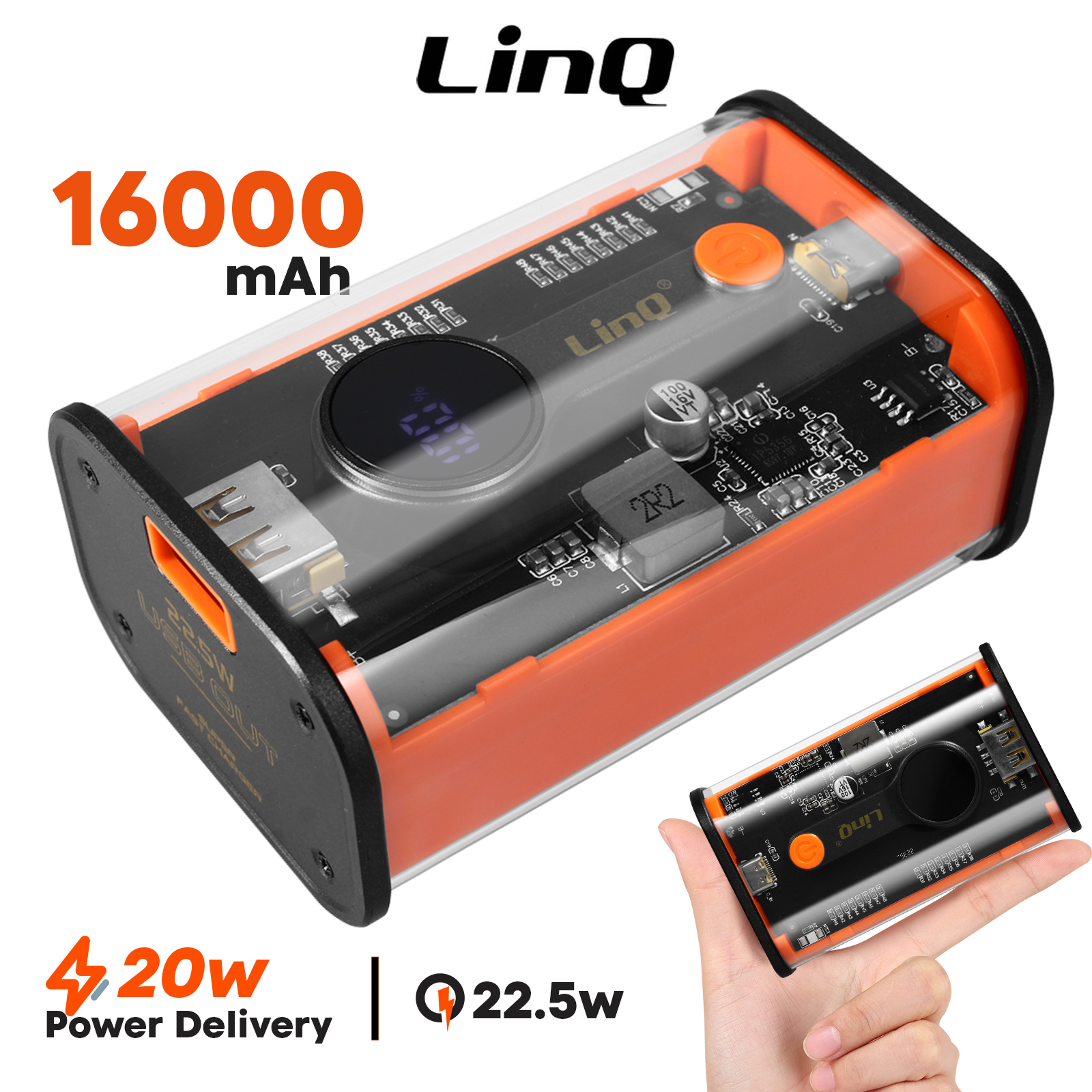 Batterie Externe 16000mAh Charge Rapide USB-C 20W + USB 22.5W - Affichage  LED, LinQ - Transparent Orange - Français