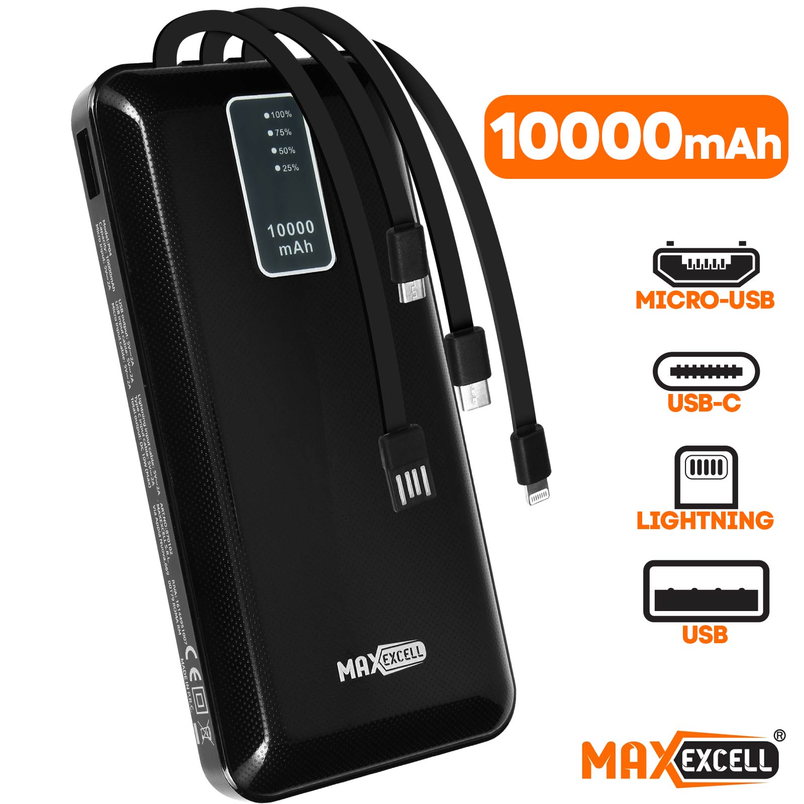 Batería Externa 10000mAh con 4 Cables Universales e Indicador LED Digital,  Max Excell - Spain