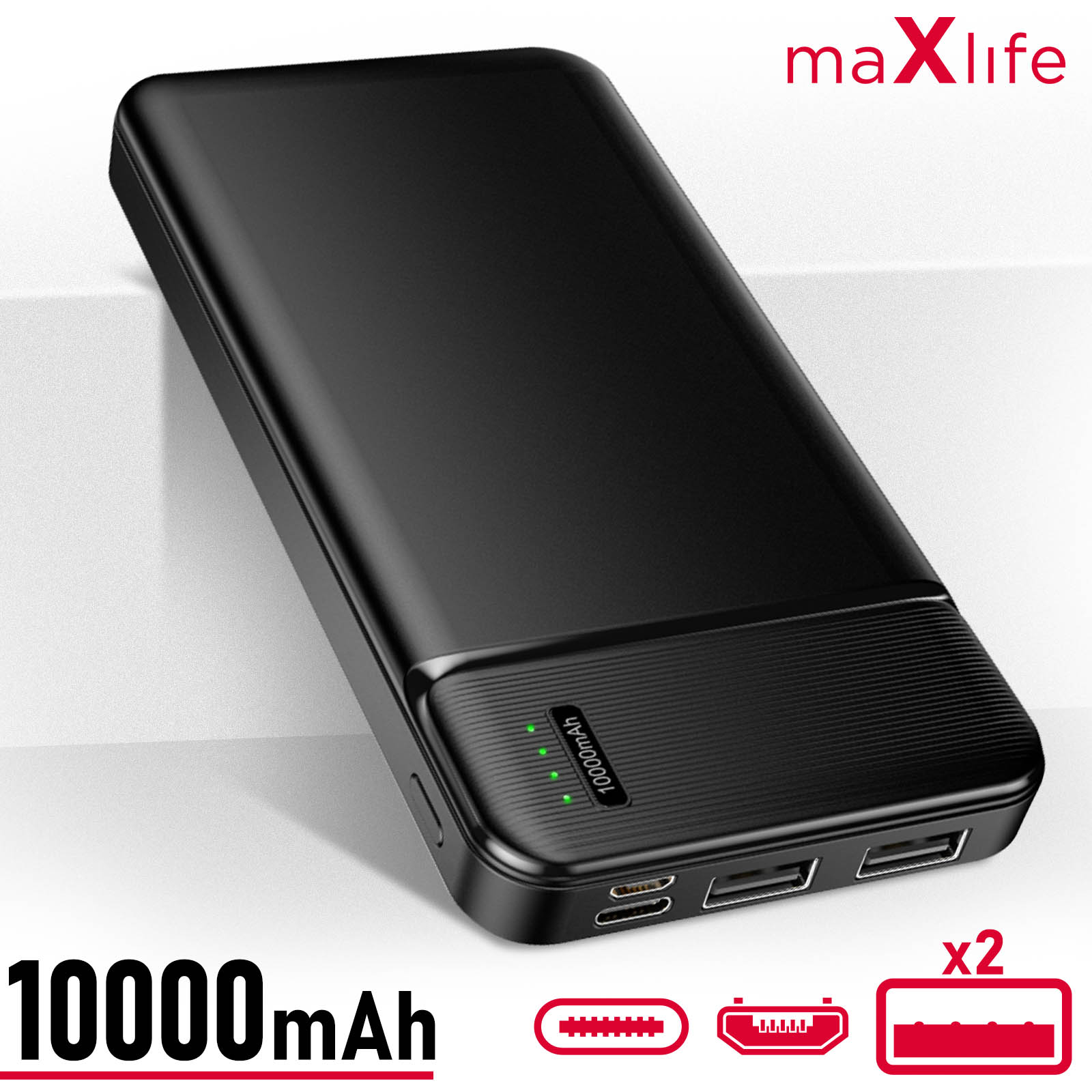 Batterie Externe 10000 mAh, 2 Ports USB 2.4A, Entrée micro-USB