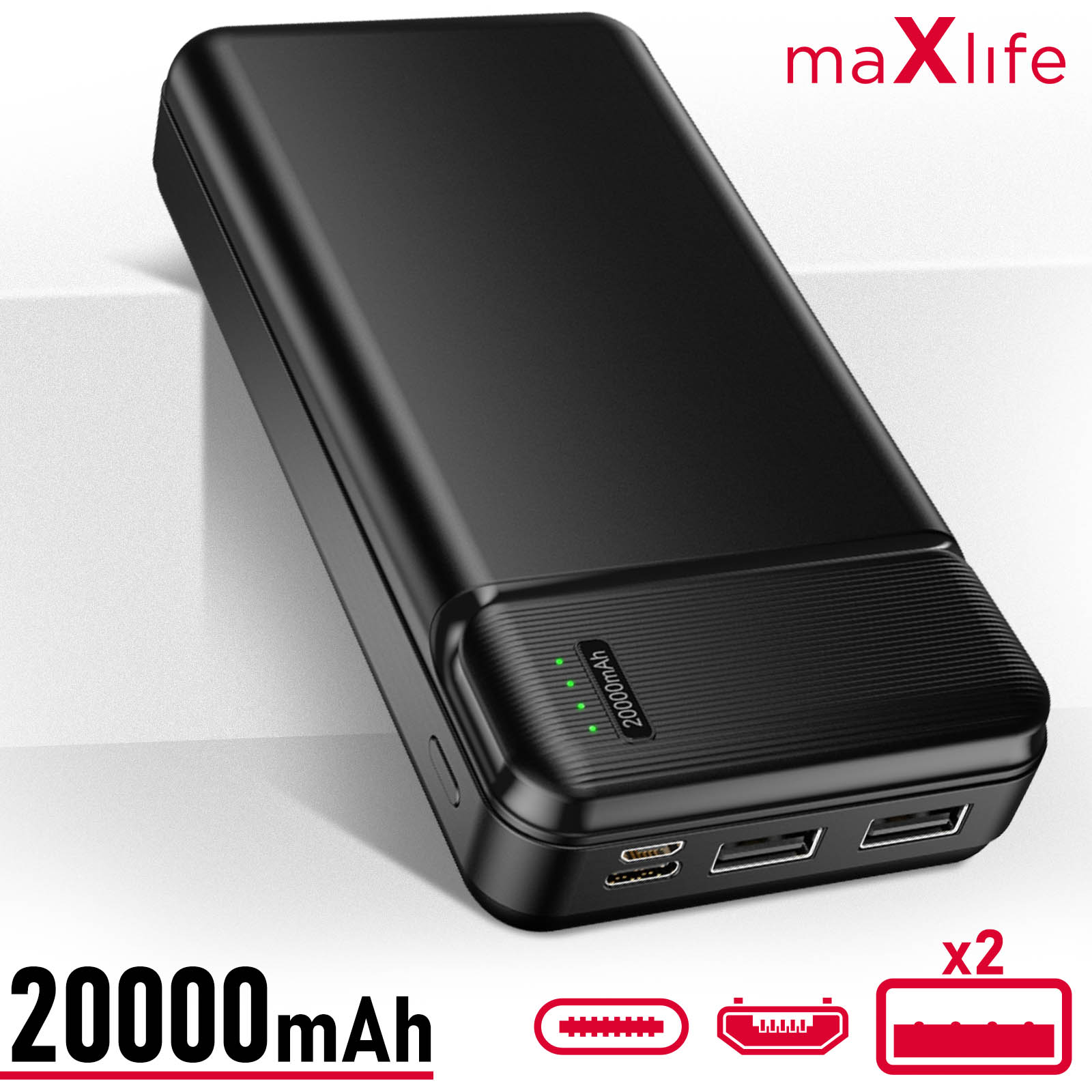 Batterie Externe 20000 mAh, 2 Ports USB 2.4A, Entrée micro-USB & USB-C,  Maxlife - Noir