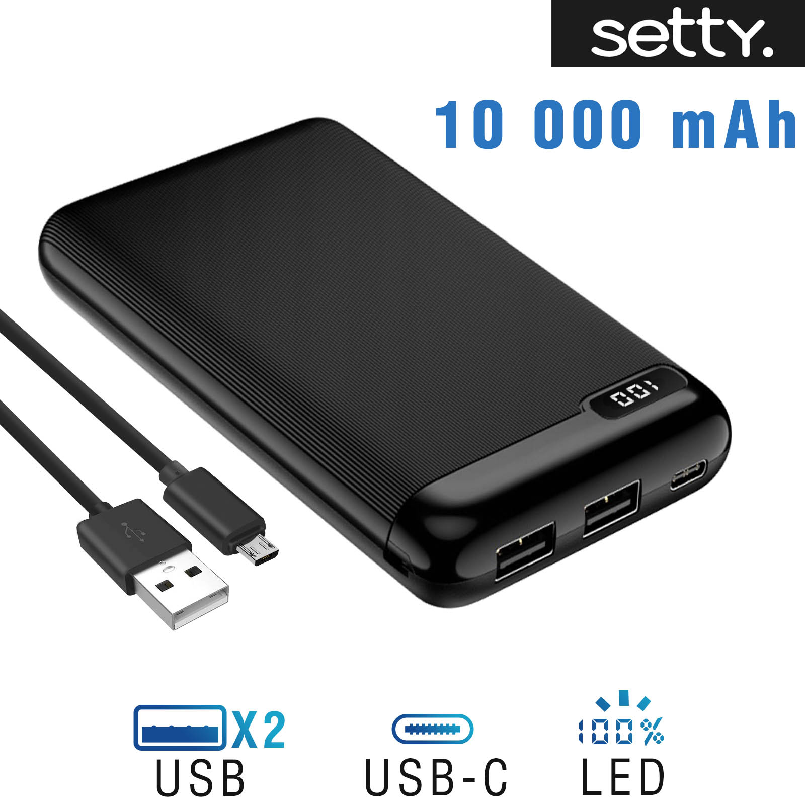 Batterie externe 10000mAh avec 2 sorties USB + Affichage LED numérique,  Setty - Noir - Français