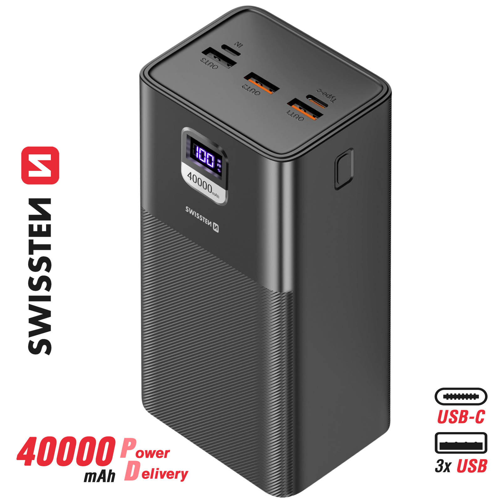 Batterie externe 40000mAh, USB + USB-C 100W, Swissten Power Line - Noir -  Français
