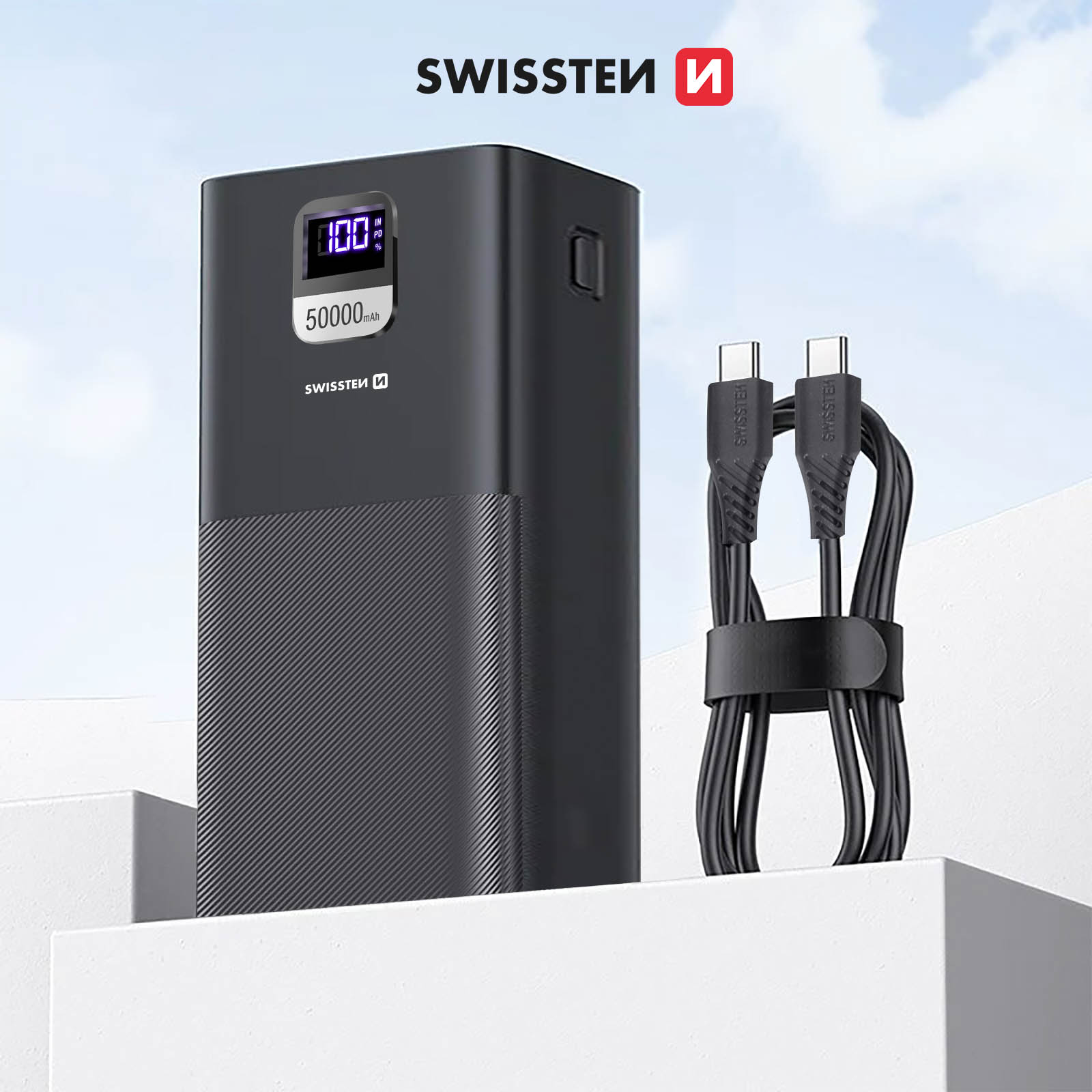 Batterie externe 50000mAh, USB + USB-C 100W, Swissten Power Line - Noir -  Français