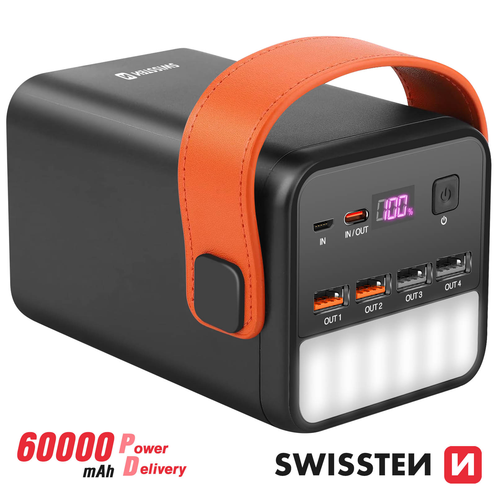 Batterie externe 60000mAh, USB + USB-C 65W - Lampe Torche, Swissten Power  Line