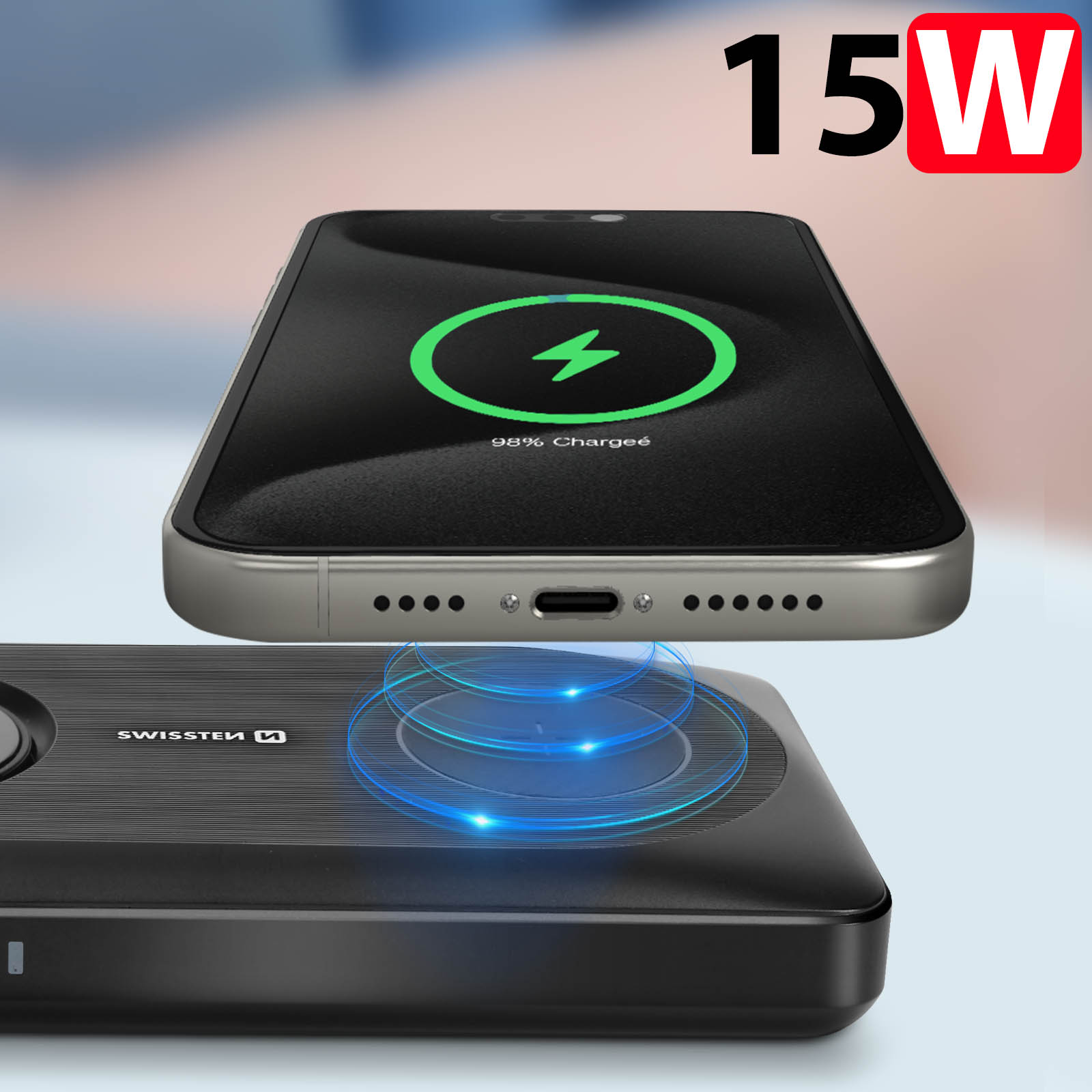 Batteria esterna senza fili da 15W per iPhone e Apple Watch, USB + USB-C -  Swissten - Italiano