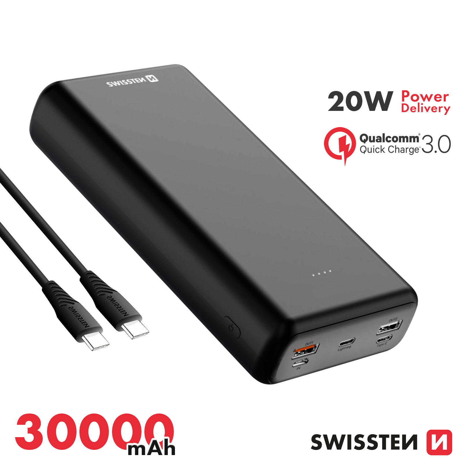 Batterie de Secours 30000 mAh 2x USB Quick Charge 3.0 + USB-C Power  Delivery avec Câble USB-C 1m, Swissten - Noir - Français