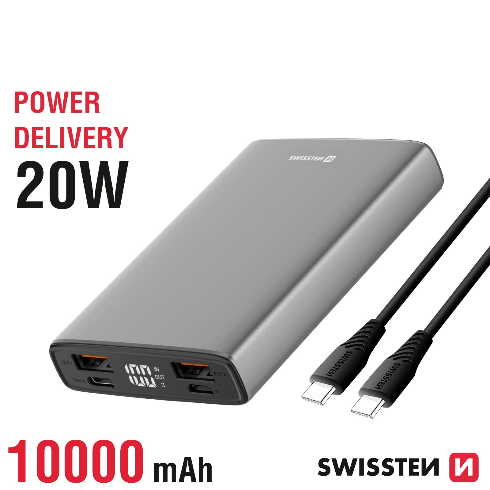 Powerbank 20W Power Delivery 10000mAh, USB-C e USB Quick Charge 3.0 + cavo  USB-C da 1 metro, Swissten - grigio - Italiano