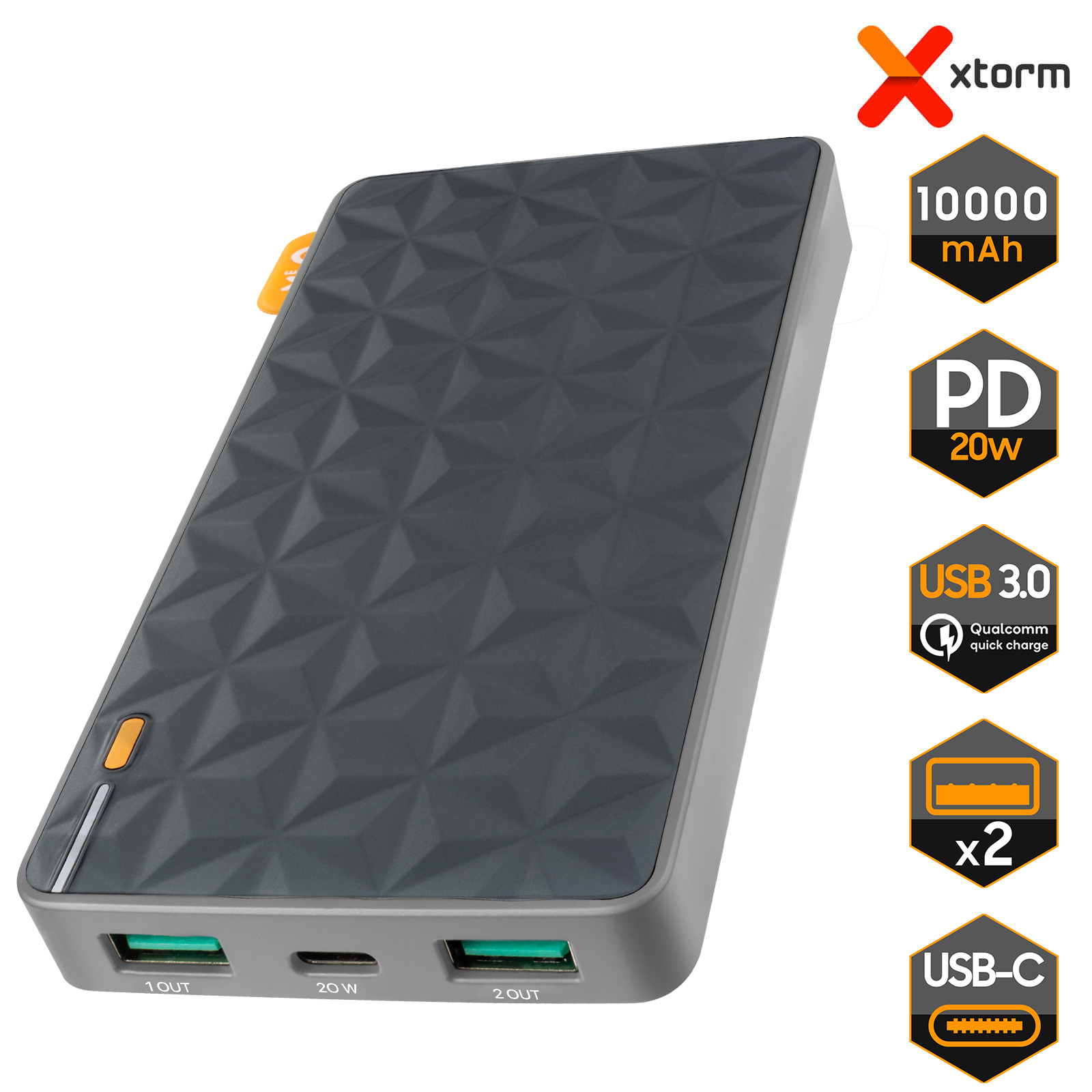 Powerbank Solaire 10000 mAh Certifié IPX4, Port USB-C Power Delivery 20W +  2x Ports USB, Xtorm - Noir / Orange - Français