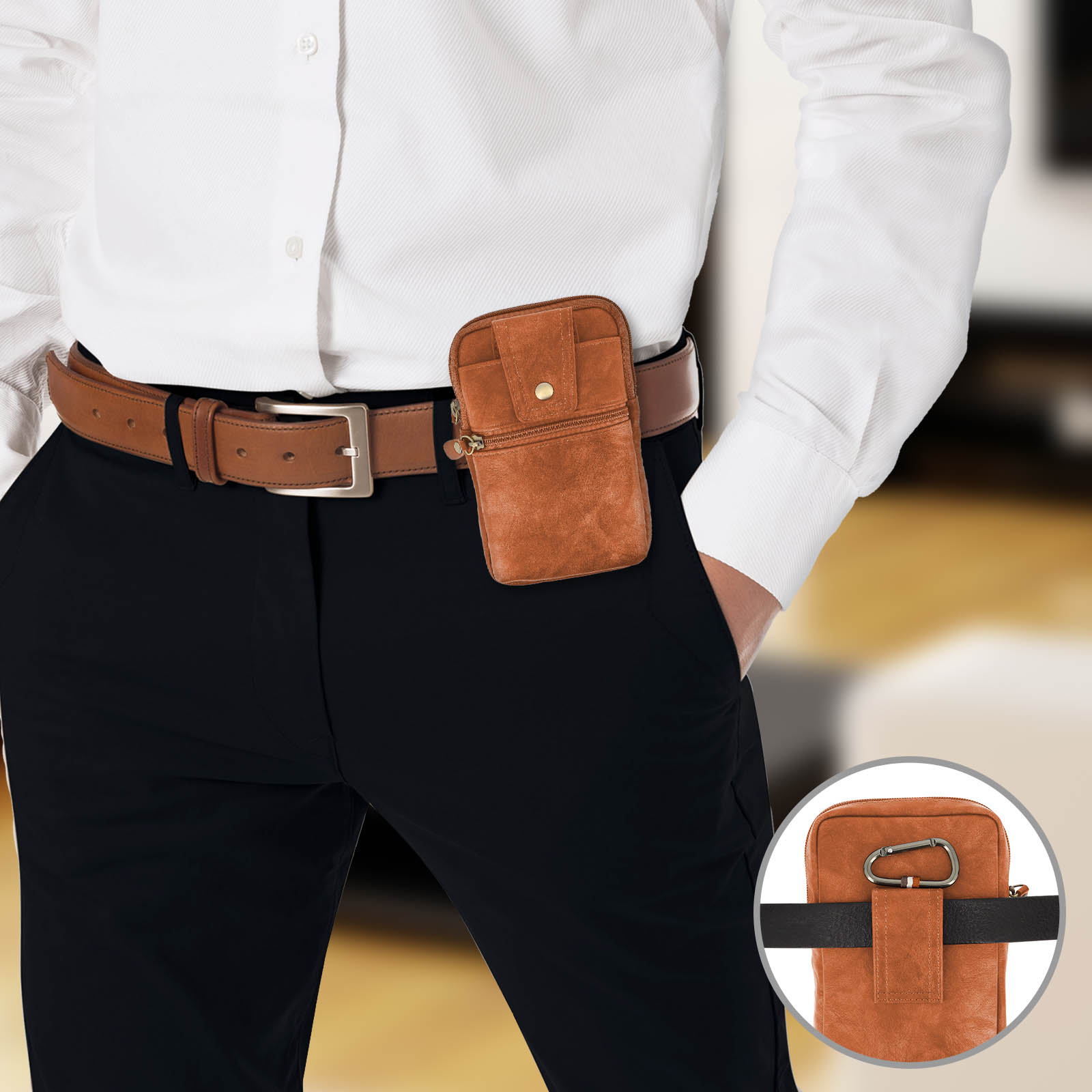 Sacoche de ceinture zippée, Aspect cuir + mousqueton - Camel - Français