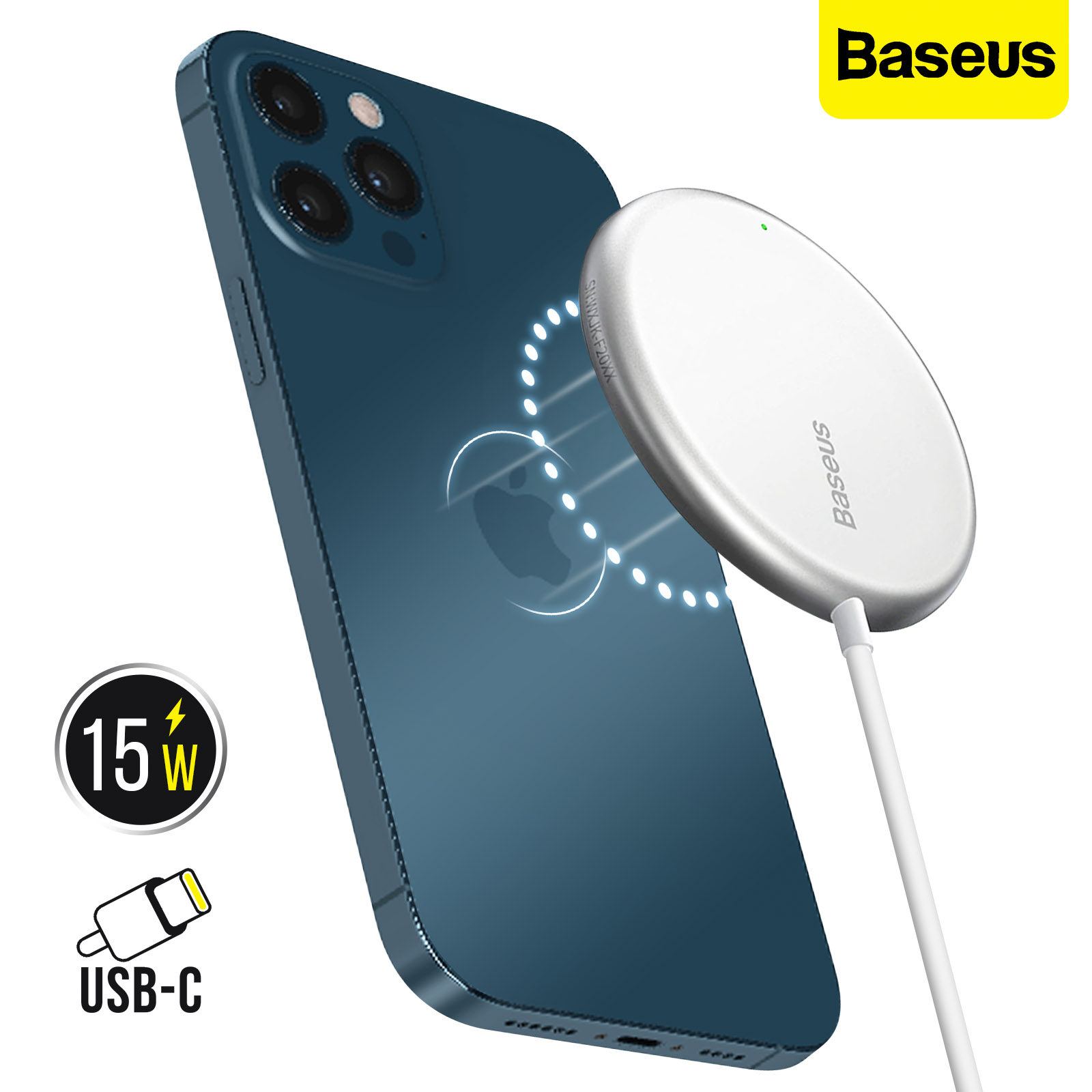 Chargeur iPhone Magsafe 15W Baseus Blanc - Charge induction Magnétique -  Français
