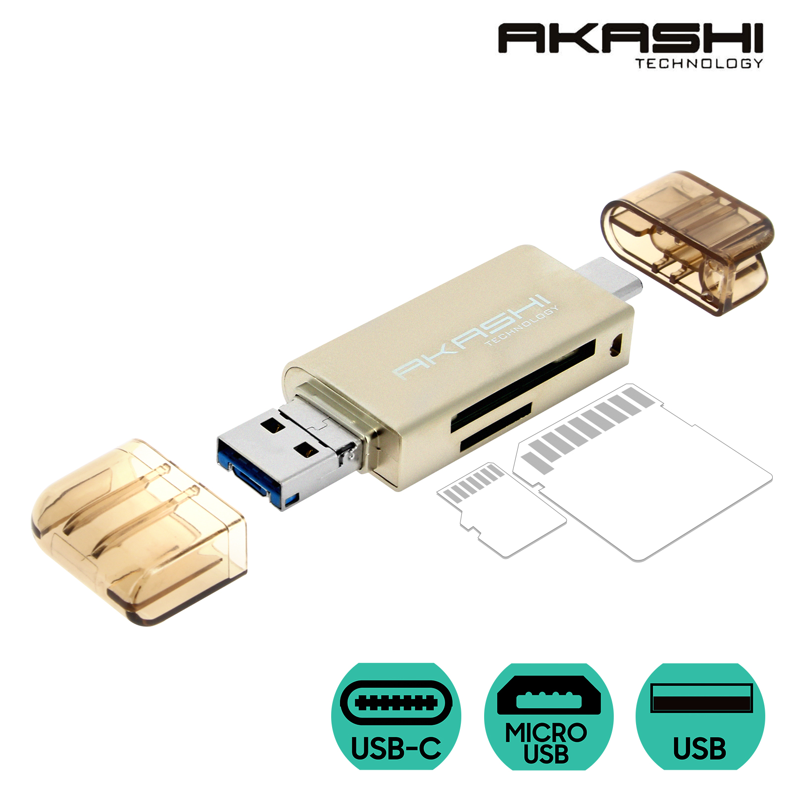 Lecteur de Carte SD/Micro SD Akashi 3-en-1 USB, Micro USB et USB Type C -  Gris - Français