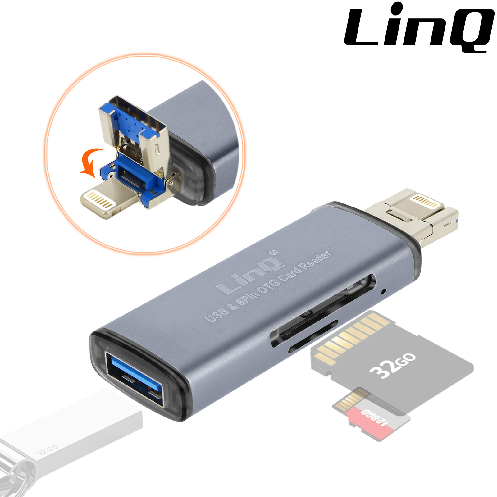 Lettore di schede SD / Micro-SD 2 in 1 Lightning / USB maschio, funzione  OTG con USB femmina, LinQ - Grigio - Italiano