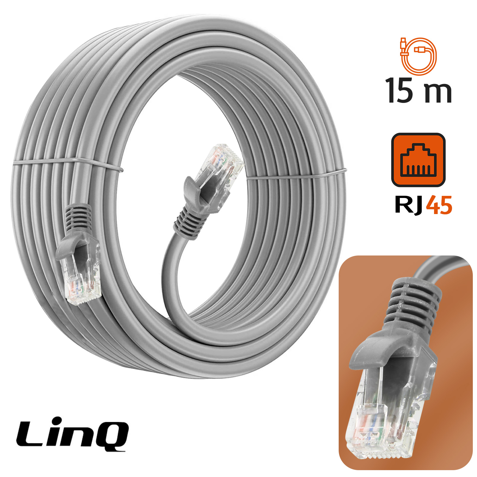 Câble Ethernet 15m, RJ45 Catégorie 6 Transfert 10Gbps - 250MHz, LinQ - Gris  - Français
