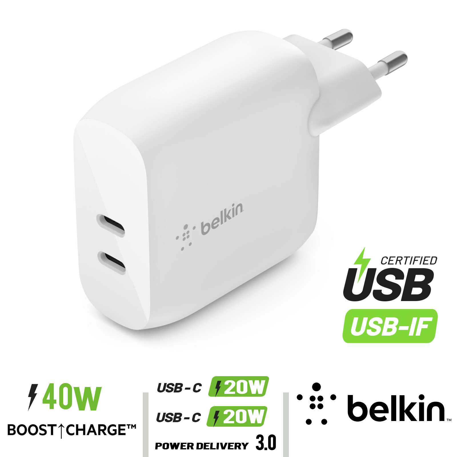 Belkin BoostCharge Cargador de pared de doble puerto USB-C 68W GaN -  Cargador para iPhone de carga rápida - Cargador tipo C - Cargador USB-C PD  para