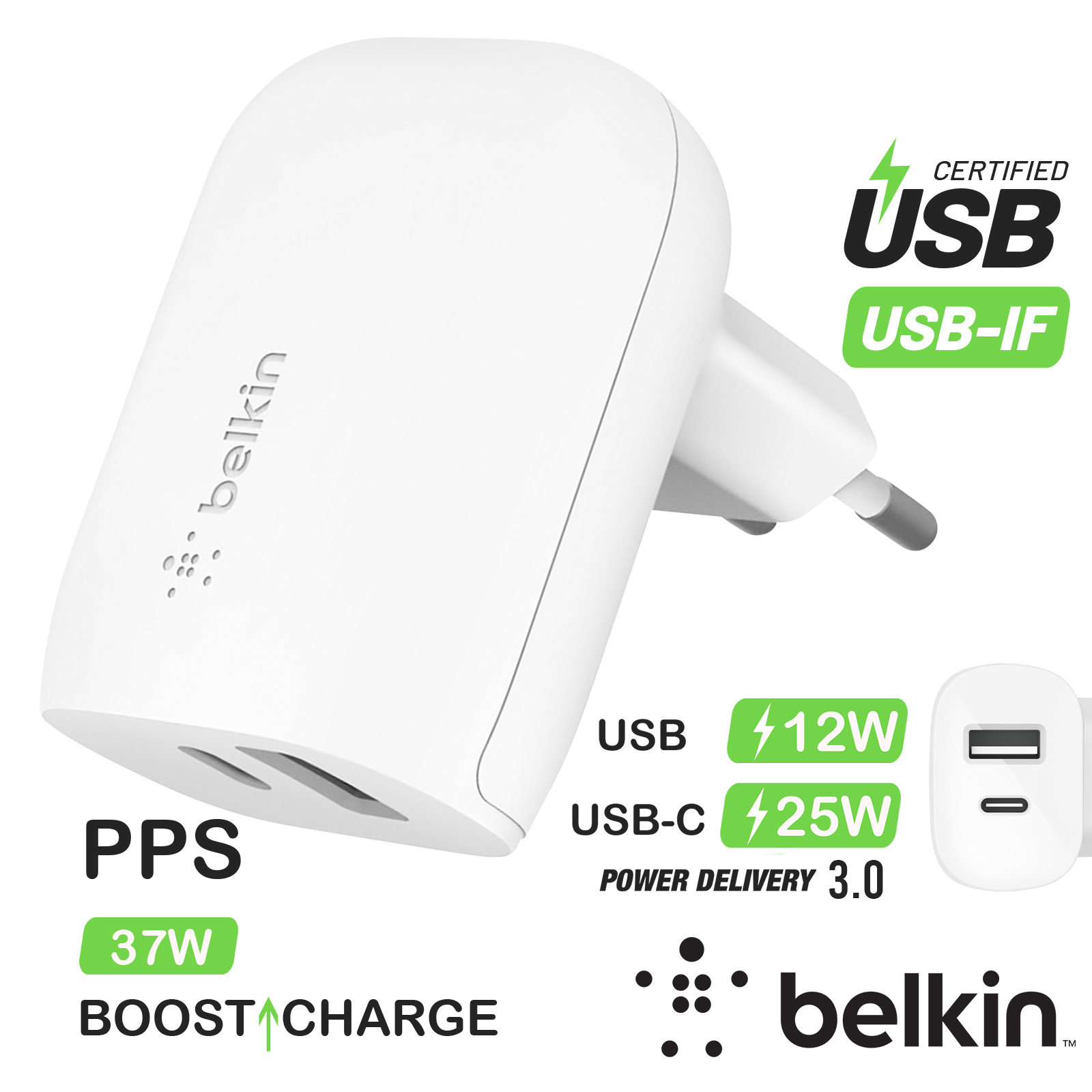 belkin Chargeur iPhone USB 12W + Câble, Belkin