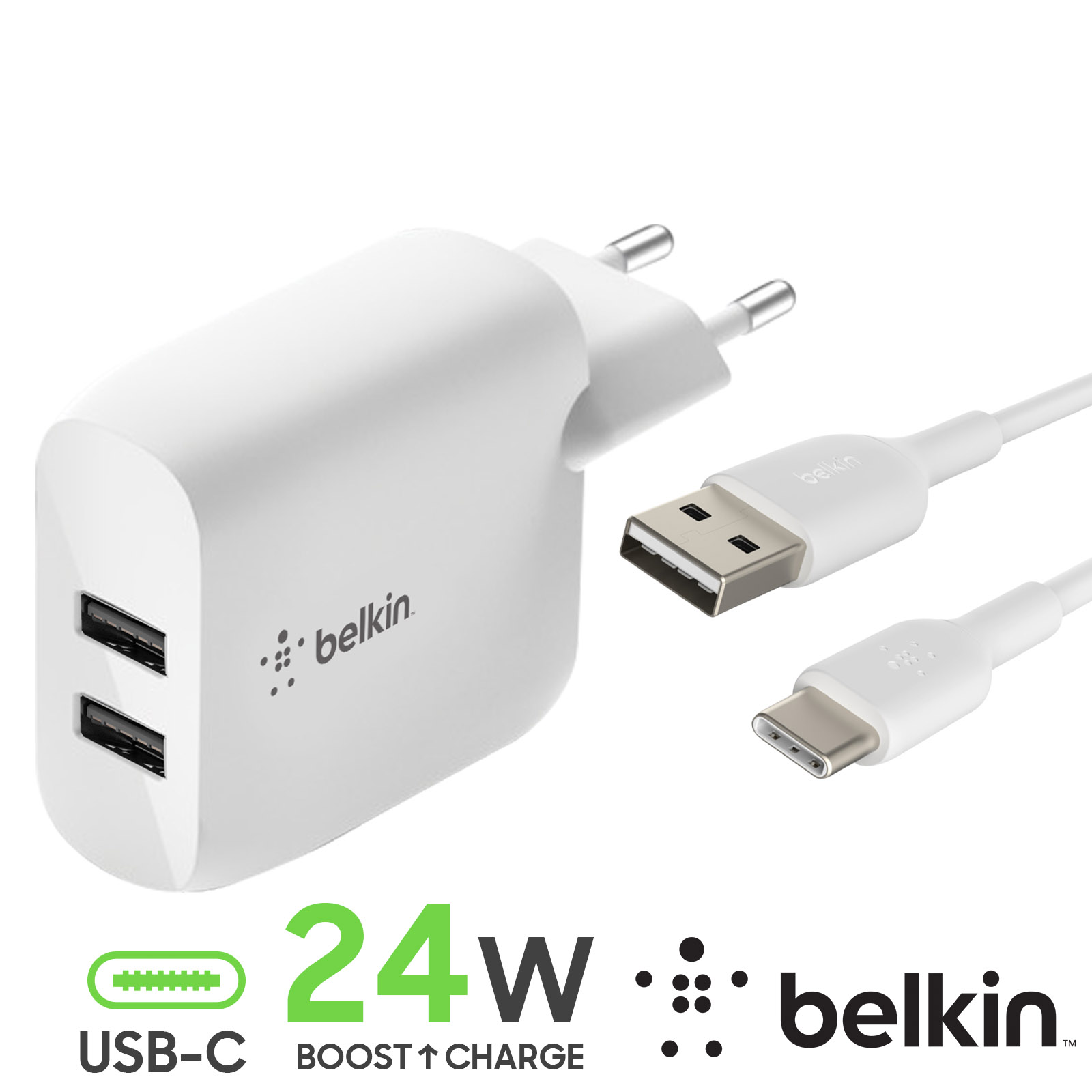 Chargeur Secteur Double USB 24W avec Câble USB vers USB-C, Belkin