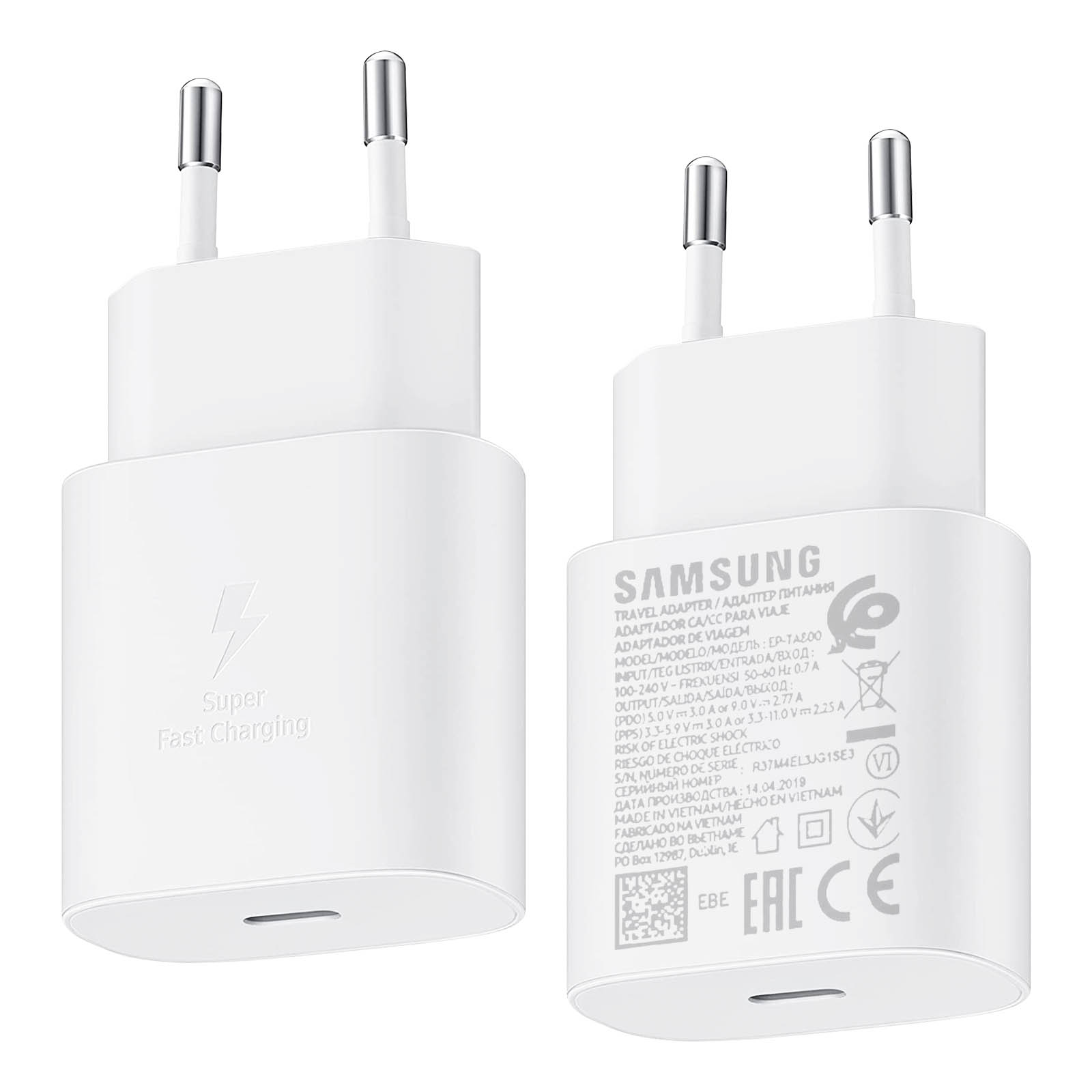 Adaptateur chargeur secteur ultra rapide USB-C (25W) - Samsung EP-TA800 -  Blanc - Packaging Original - Univertel