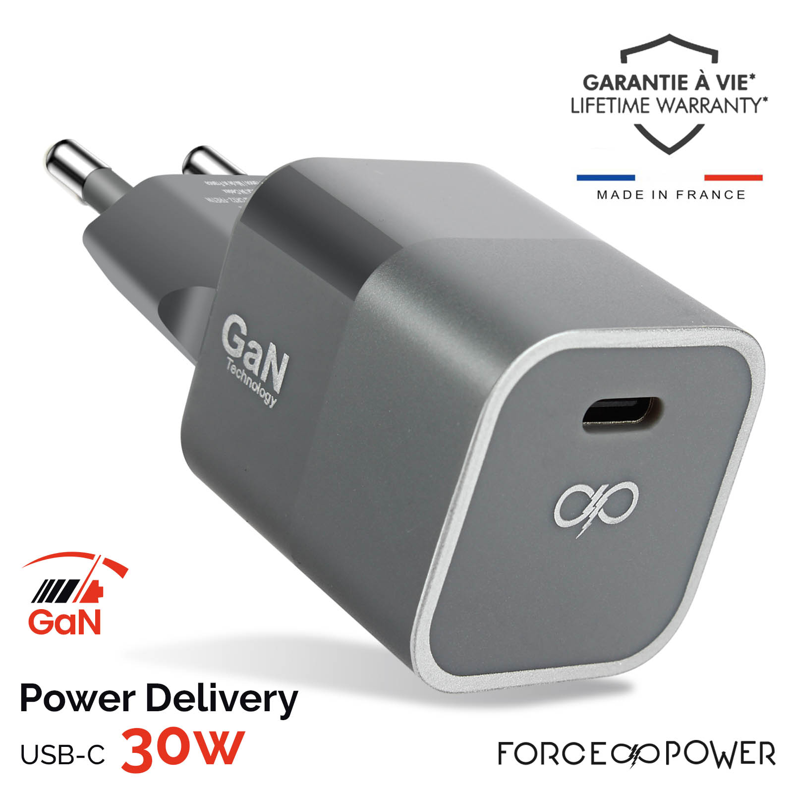 Cargador de Red GaN 30W, USB-C Power Delivery con Garantía de por Vida,  Force Power - Gris - Spain