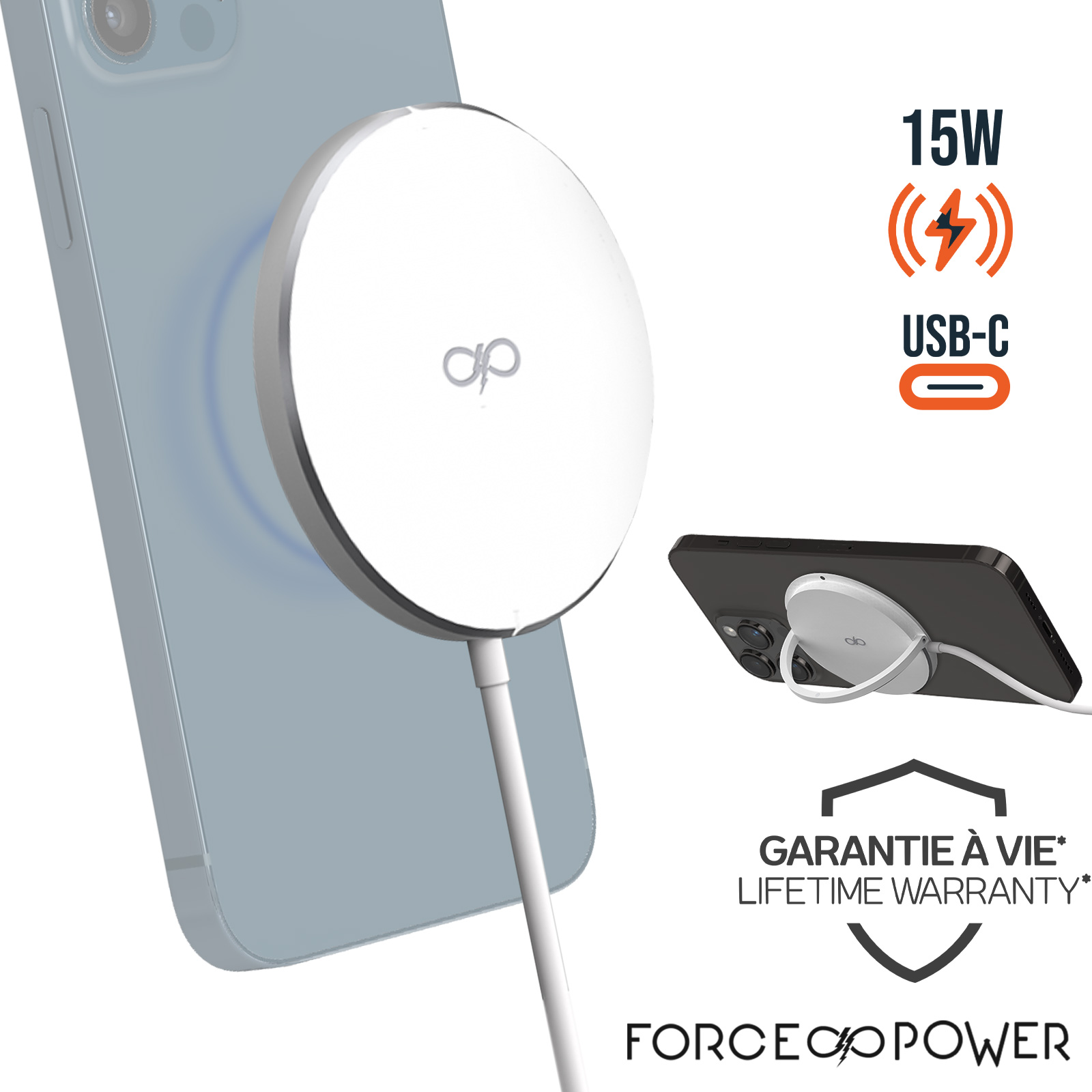 Chargeur MagSafe Force Power pour iPhone, Garantie à Vie - Puissance 15W  avec Fonction Stand, Force Power - Blanc - Français