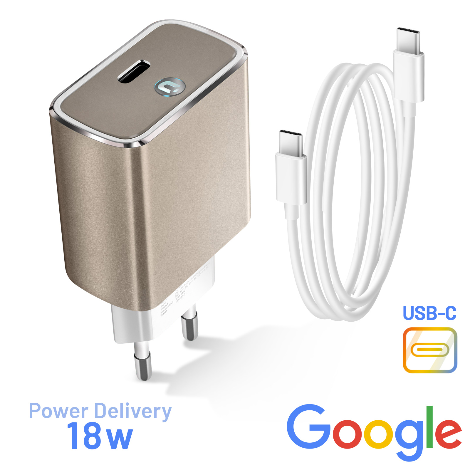 Cargador de Red Google Original USB-C 18W, Power Delivery + Cable Doble  USB-C Gris - Spain