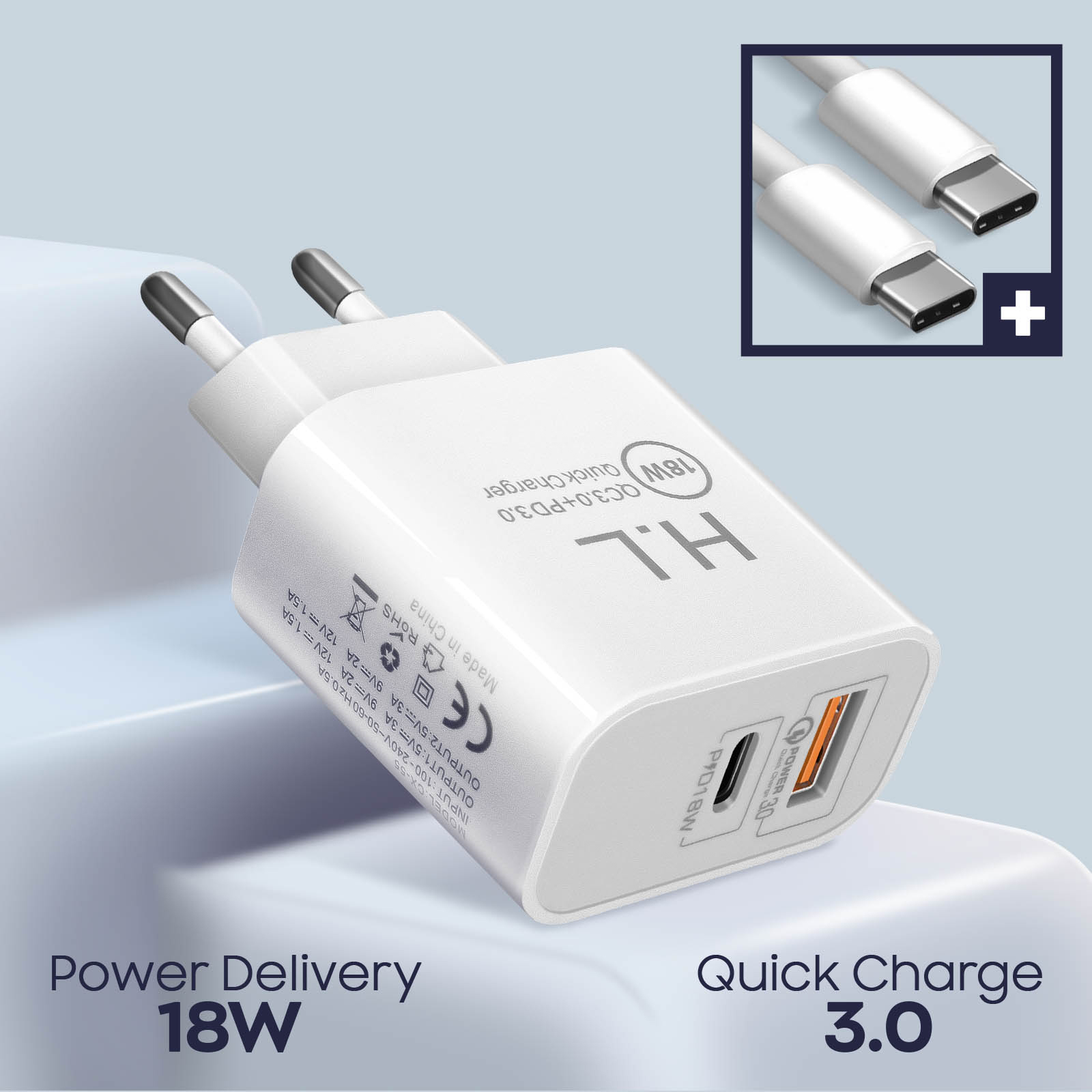 Chargeur + Câble USB C, Sortie Power Delivery USB C + USB Quick Charge 3.0  18W - Blanc - Français