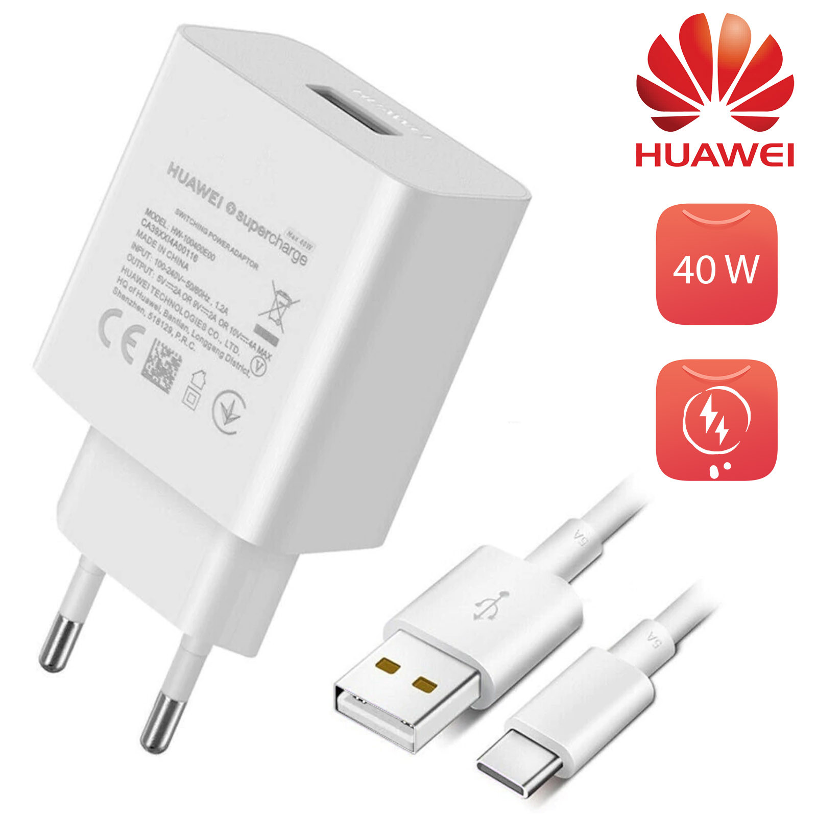 Chargeur Huawei SuperCharge 40W Charge Ultra-Rapide + Câble USB-C - Blanc -  Français