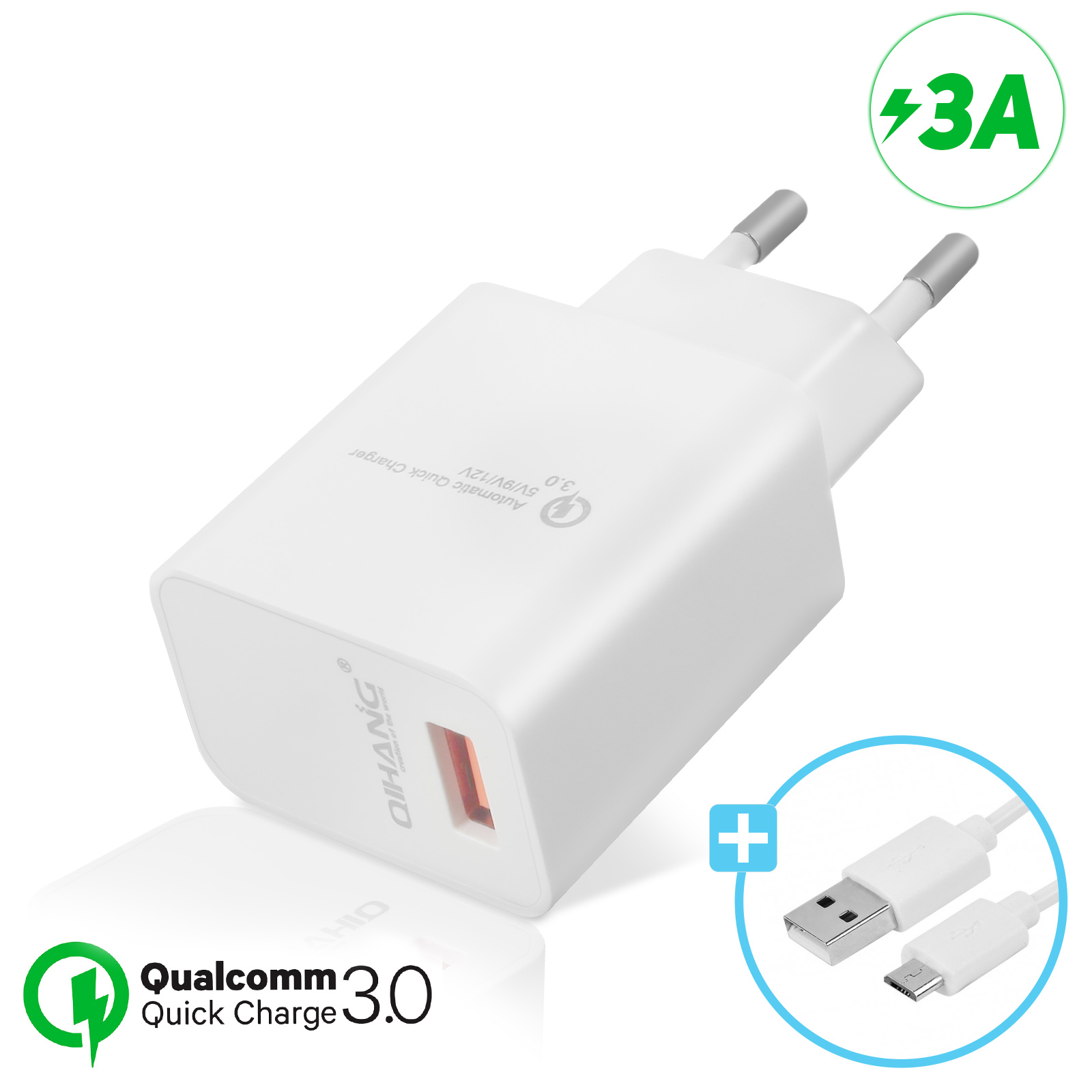 Chargeur Secteur 3A Qualcomm Quick Charge 3.0 avec câble Micro USB - Blanc  - Français