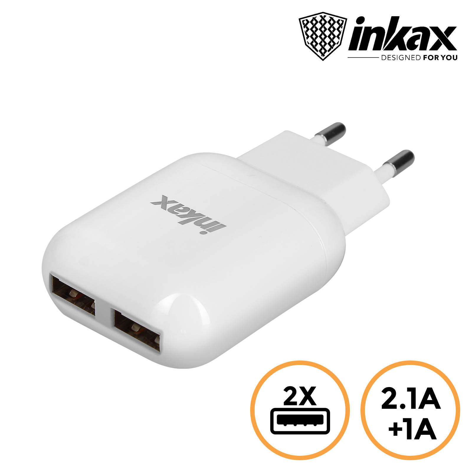 Caricabatteria settore con doppia USB 2.1A / 1.0A, Inkax - bianco - Italiano
