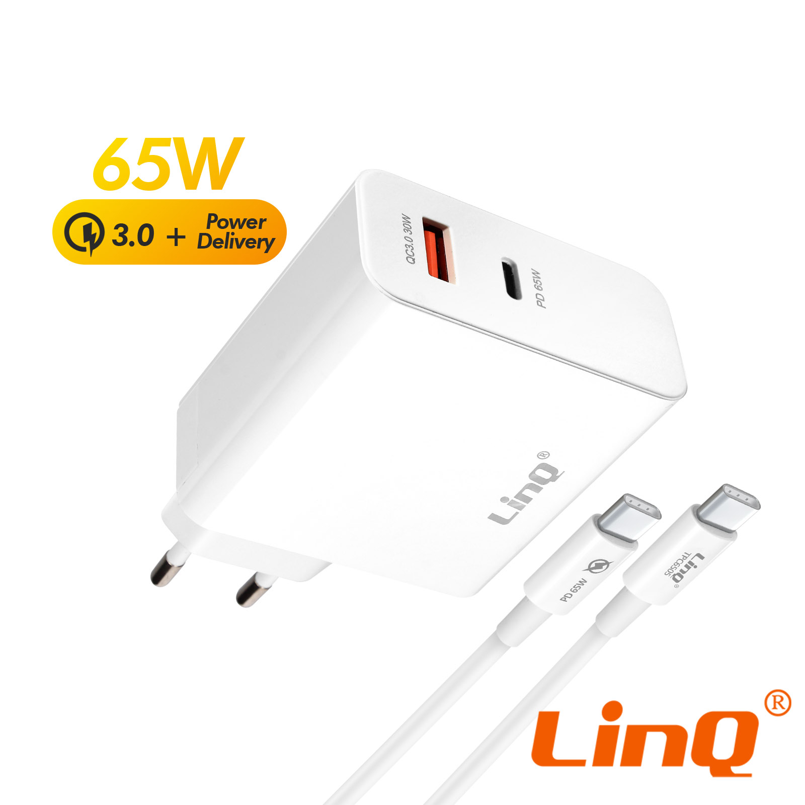 Chargeur Secteur 65W Port USB Quick Charge 3.0 + Port USB-C Power Delivery  avec Câble, LinQ - Blanc - Français
