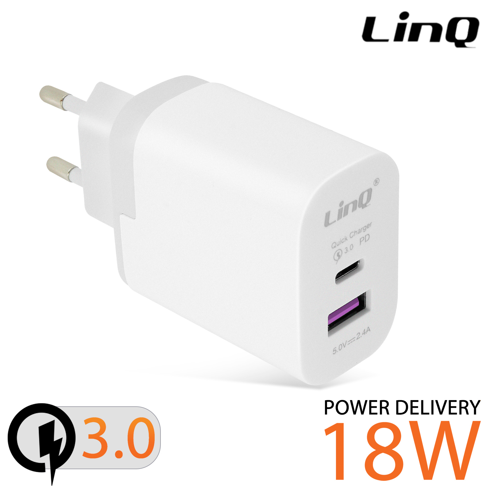 Cargador doble USB + USB-C, Carga rápida 3.0 + Power Delivery, LinQ -  Blanco - Spain