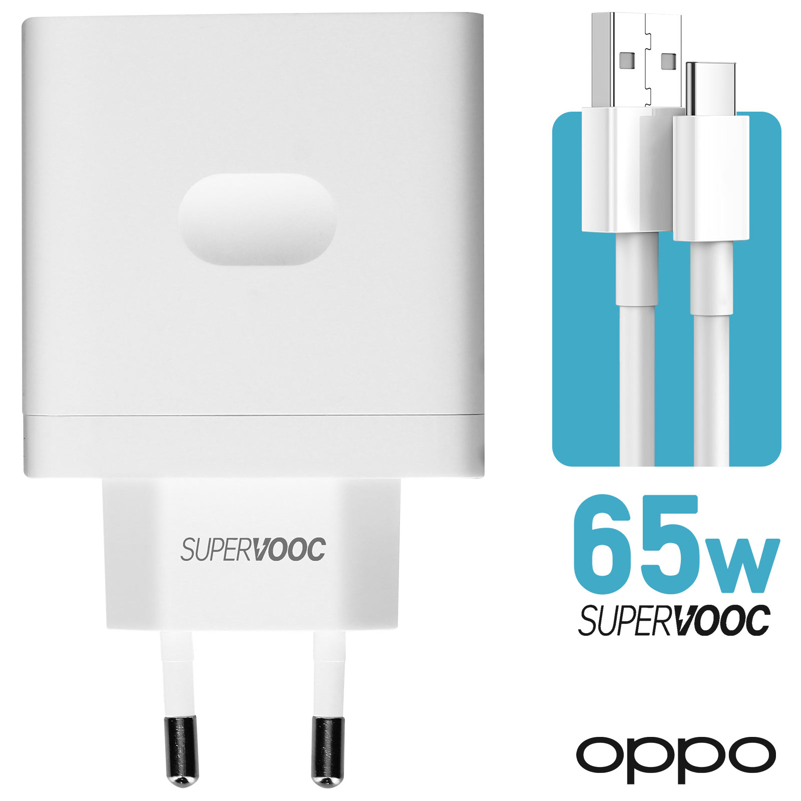 Chargeur secteur USB SuperVOOC 65W, Produit officiel Oppo - Blanc
