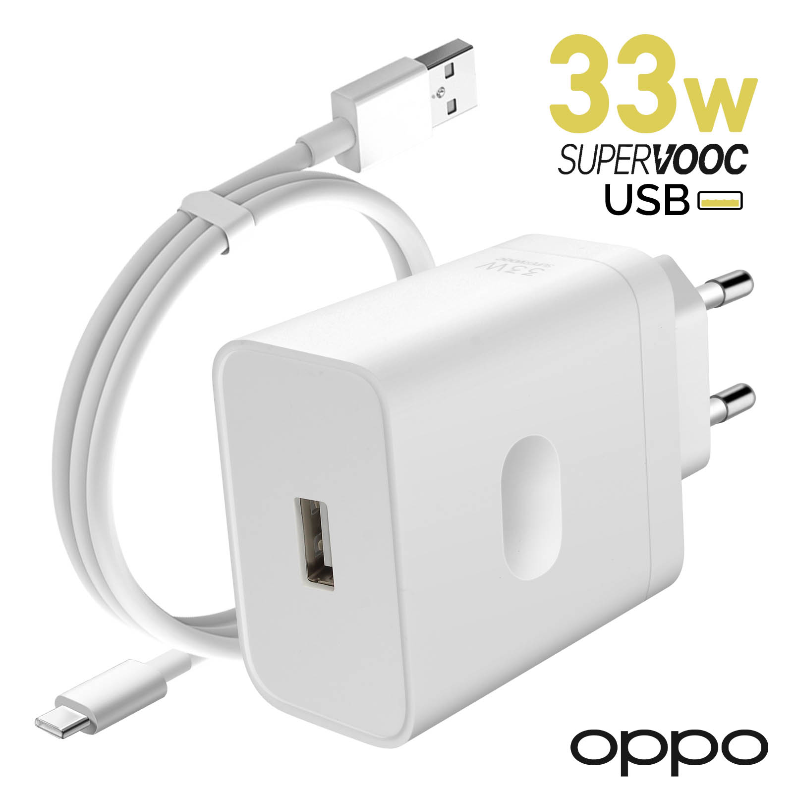 Chargeur secteur Oppo Original, USB SuperVOOC 33W + Câble USB vers USB-C -  Blanc