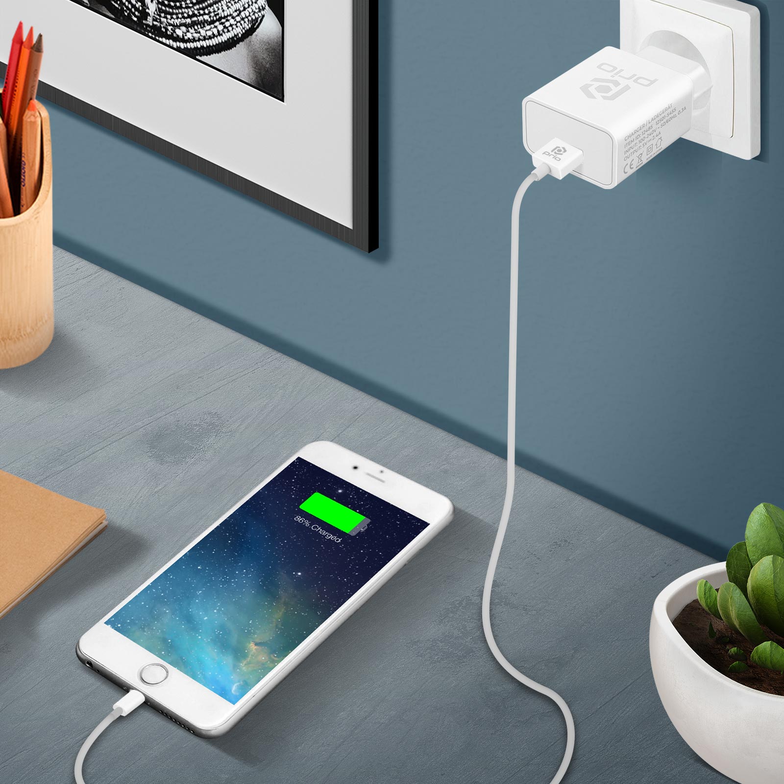 Chargeur iPhone + câble lightning, charge rapide 2.4A certifié MFI,  Prio-Blanc - Français