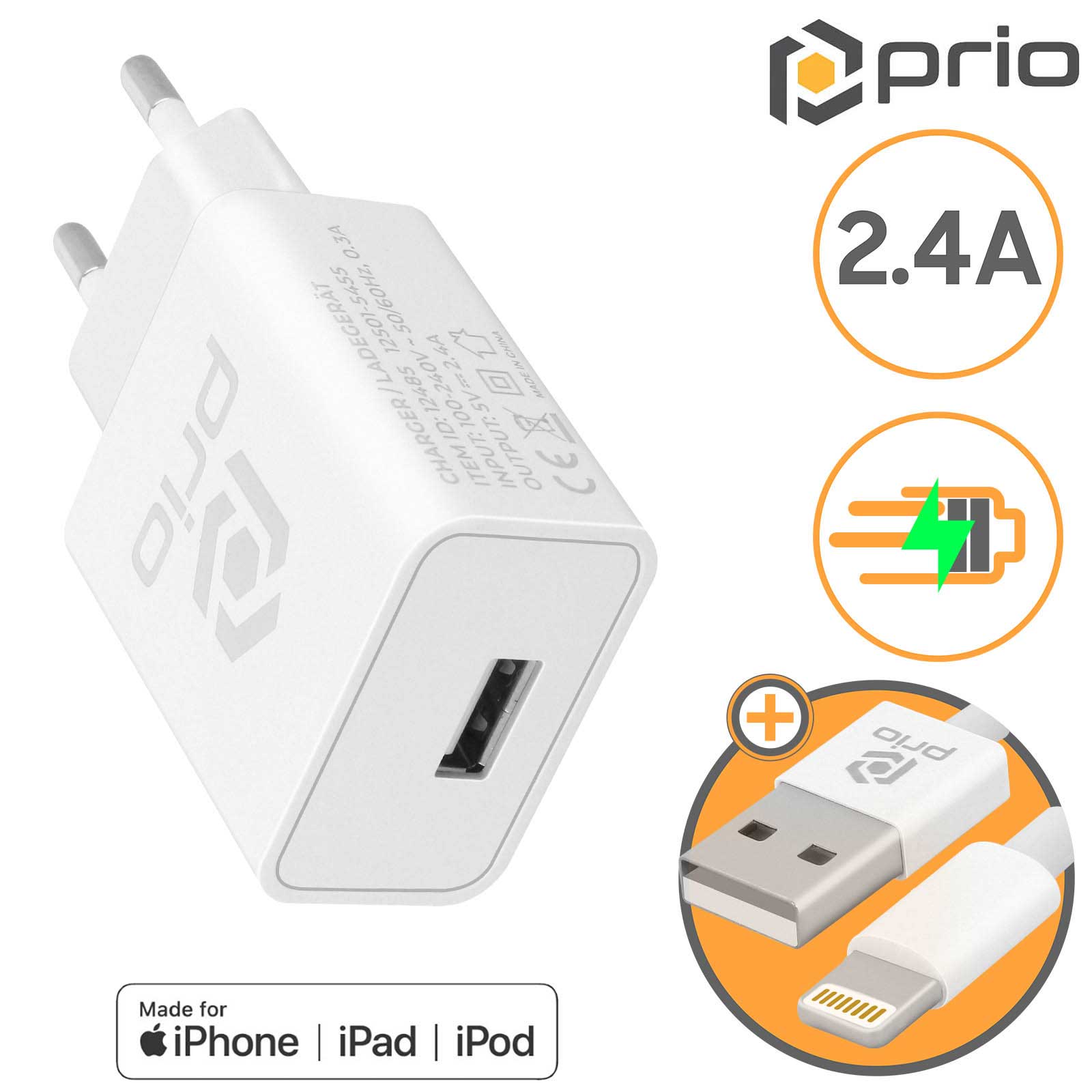 Chargeur iPhone + câble lightning, charge rapide 2.4A certifié MFI,  Prio-Blanc - Français
