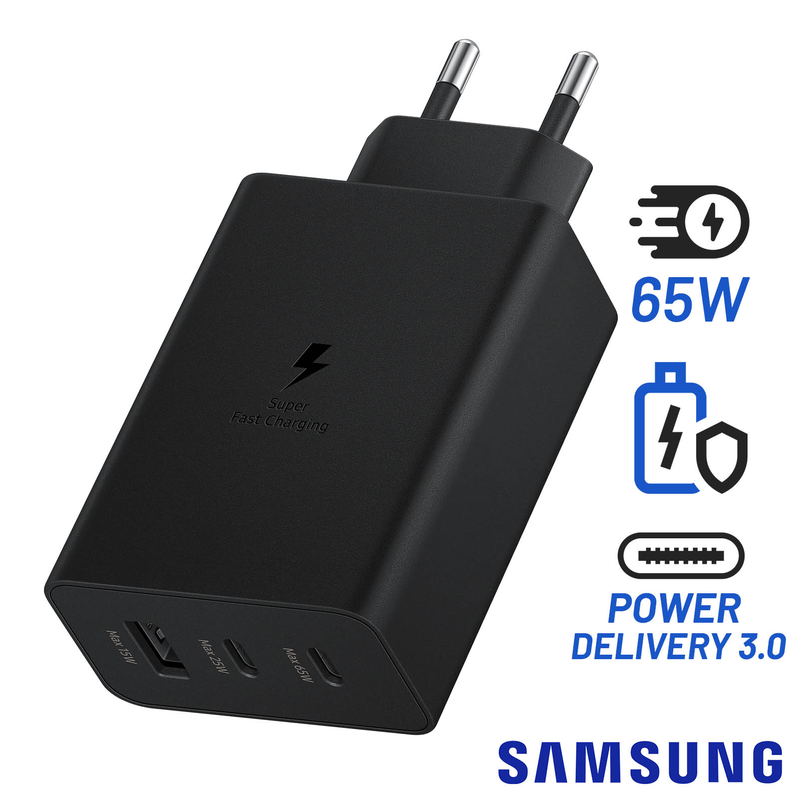 Chargeur pour téléphone mobile Ph26 Pack chargeur auto + 2 câbles usb type  c pour samsung galaxy a23 5g chargeur ultra-puissant et rapide 2x (5v /  2,1a) + 2 câbles 1m - noir