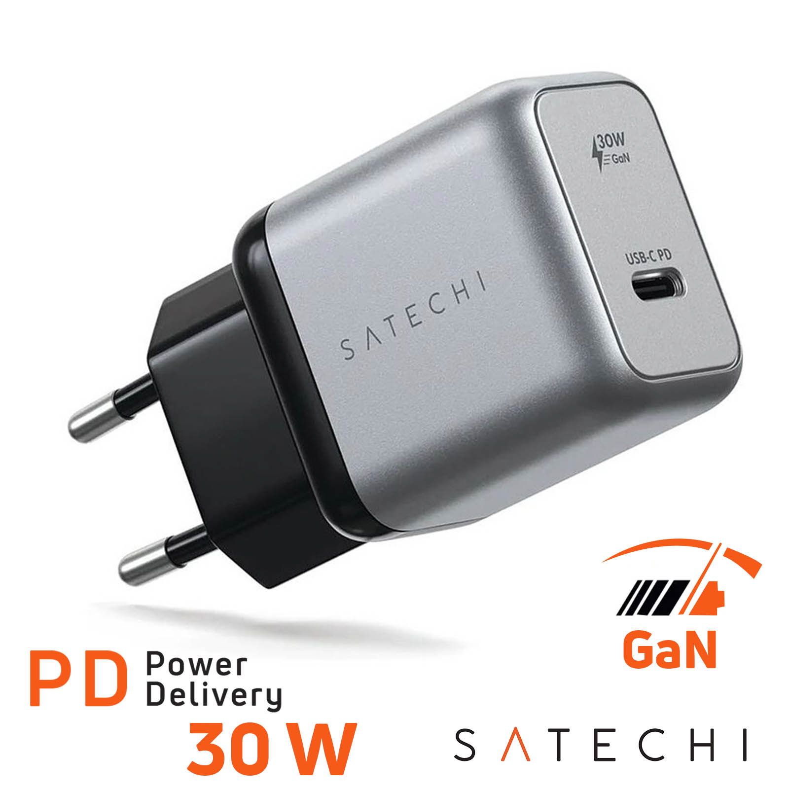 Chargeur Secteur GaN 30W avec USB C Power Delivery, Design Ultra-Compact,  Satechi - Gris Sidéral - Français