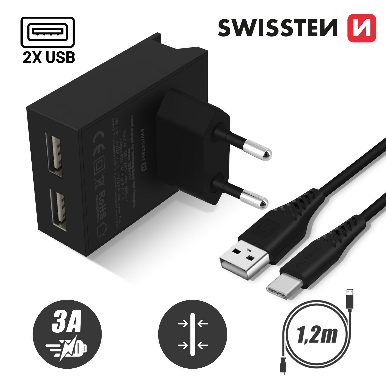 Cargador Doble USB 2.1A con Smart IC + Cable USB-C, Swissten - Negro - Spain