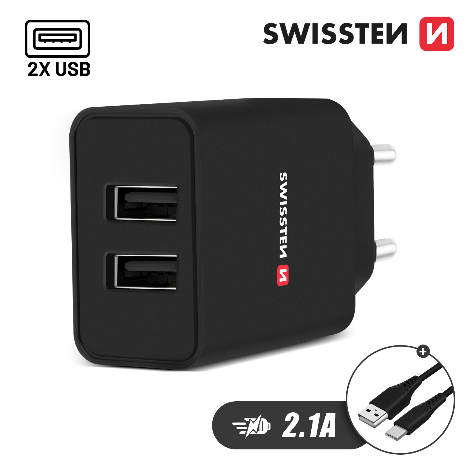 Cargador Doble USB 2.1A con Smart IC + Cable USB-C, Swissten - Negro - Spain