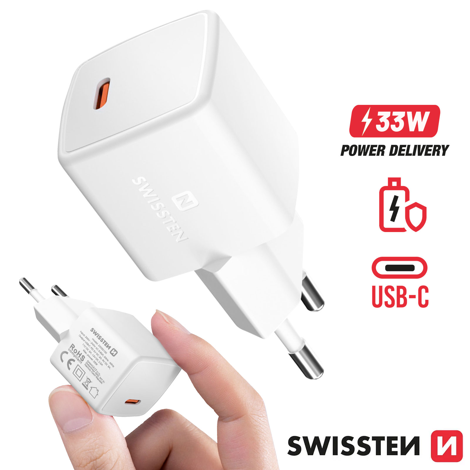 Chargeur Secteur GaN USB-C Power Delivery 33W, Swissten - Blanc - Français