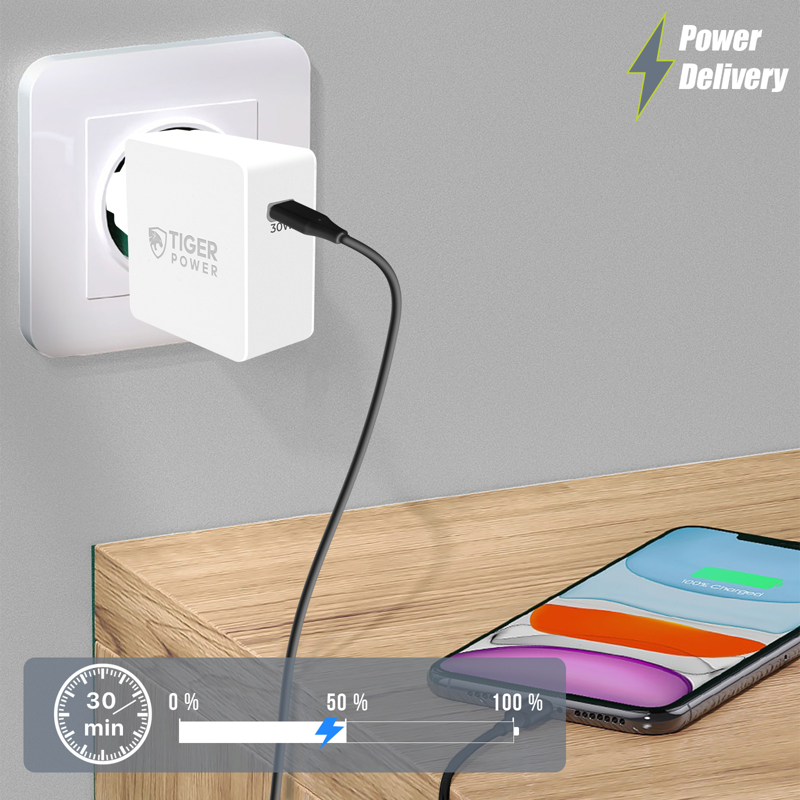 Chargeur secteur FORCE POWER 30W USB-C Made in France Gris