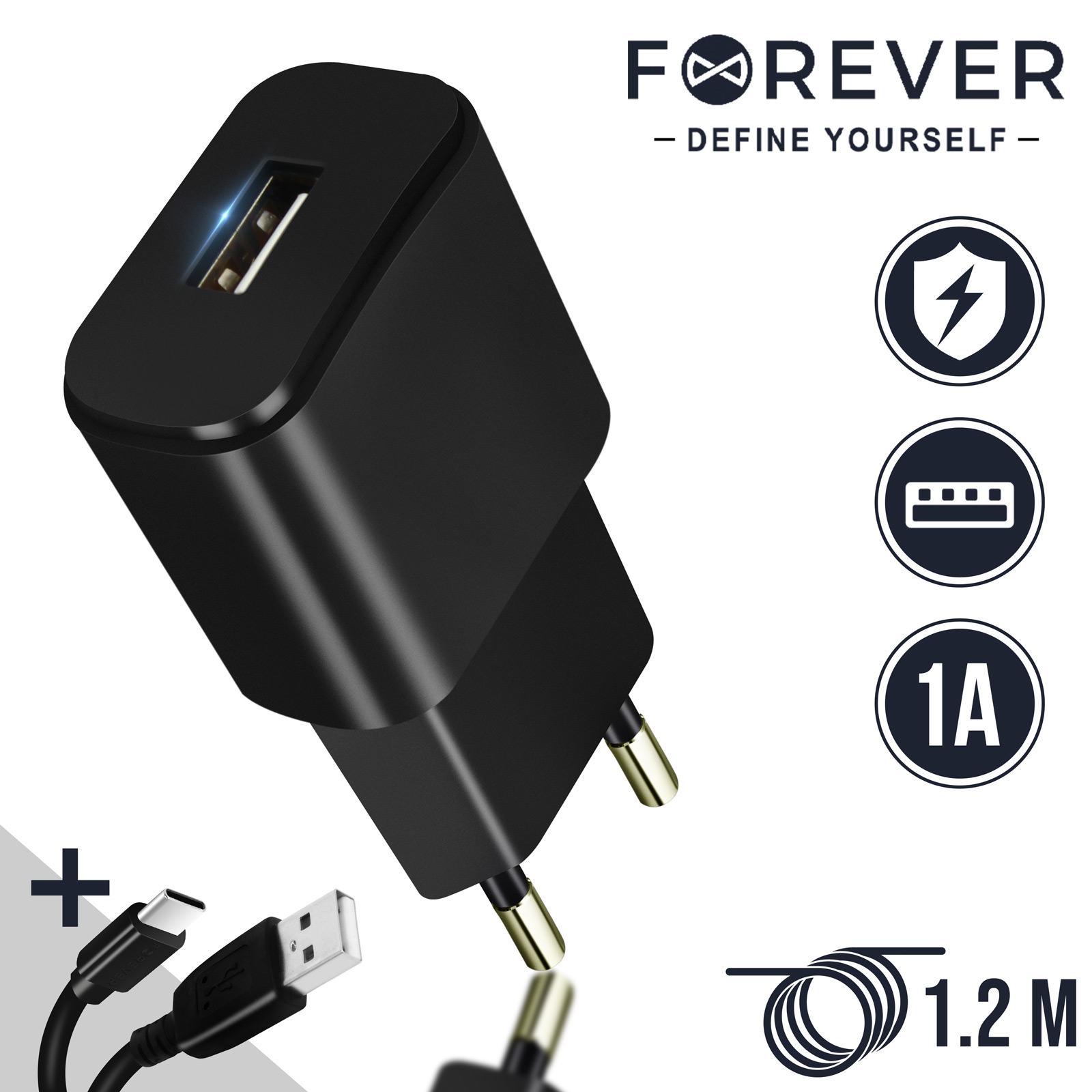 Chargeur Secteur 1A avec Câble USB Type C 1.2m, Forever - Noir - Français
